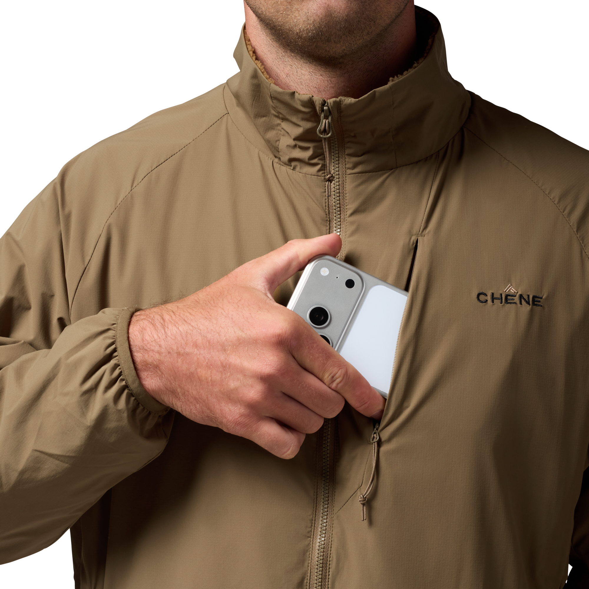 Flux Jacket in Field Khaki, on model #field_khaki