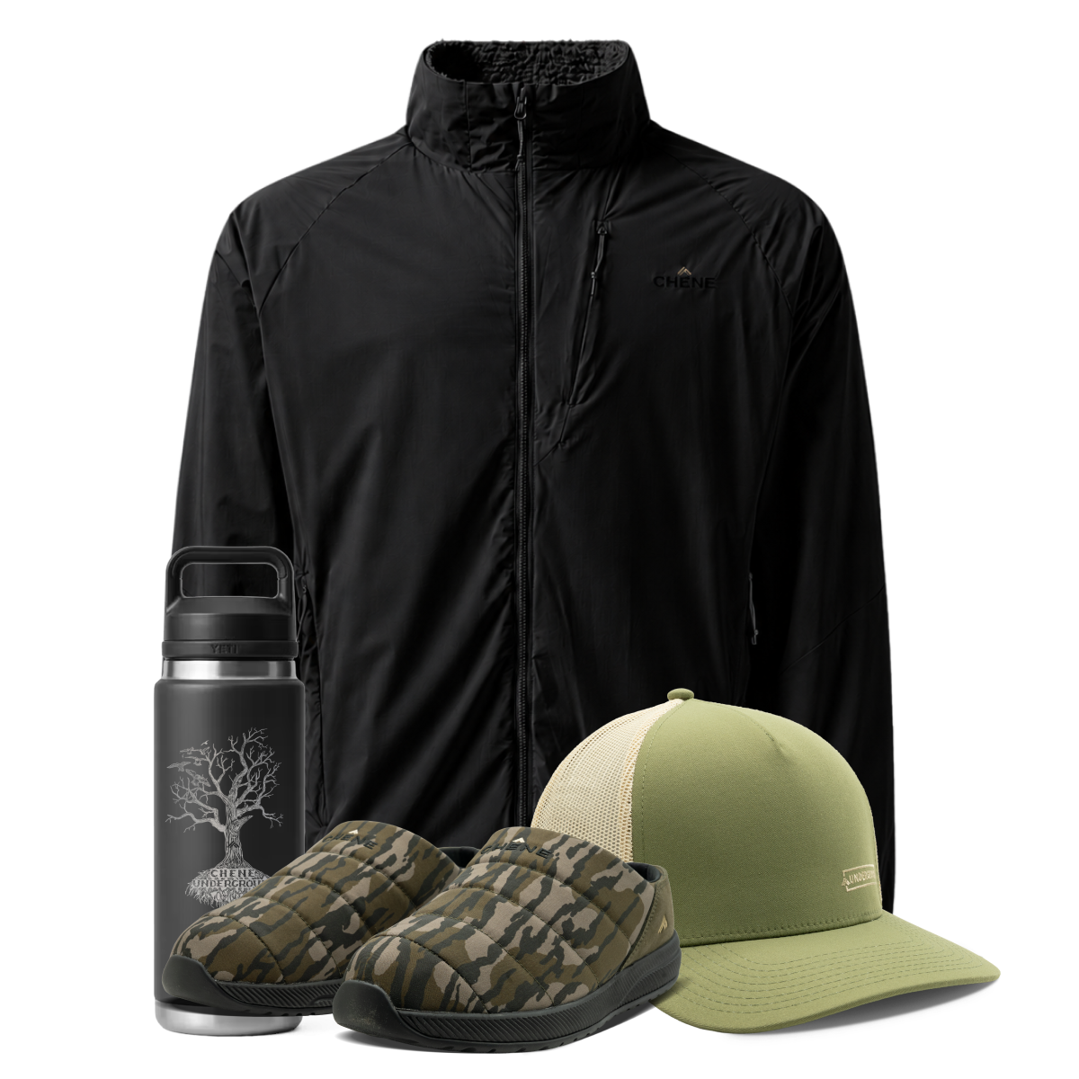 Chêne Underground membership: Flux Jacket in Black, Camp Shoe in Mossy Oak Original Bottomland, Chêne Underground Hat, and custom YETI bottle