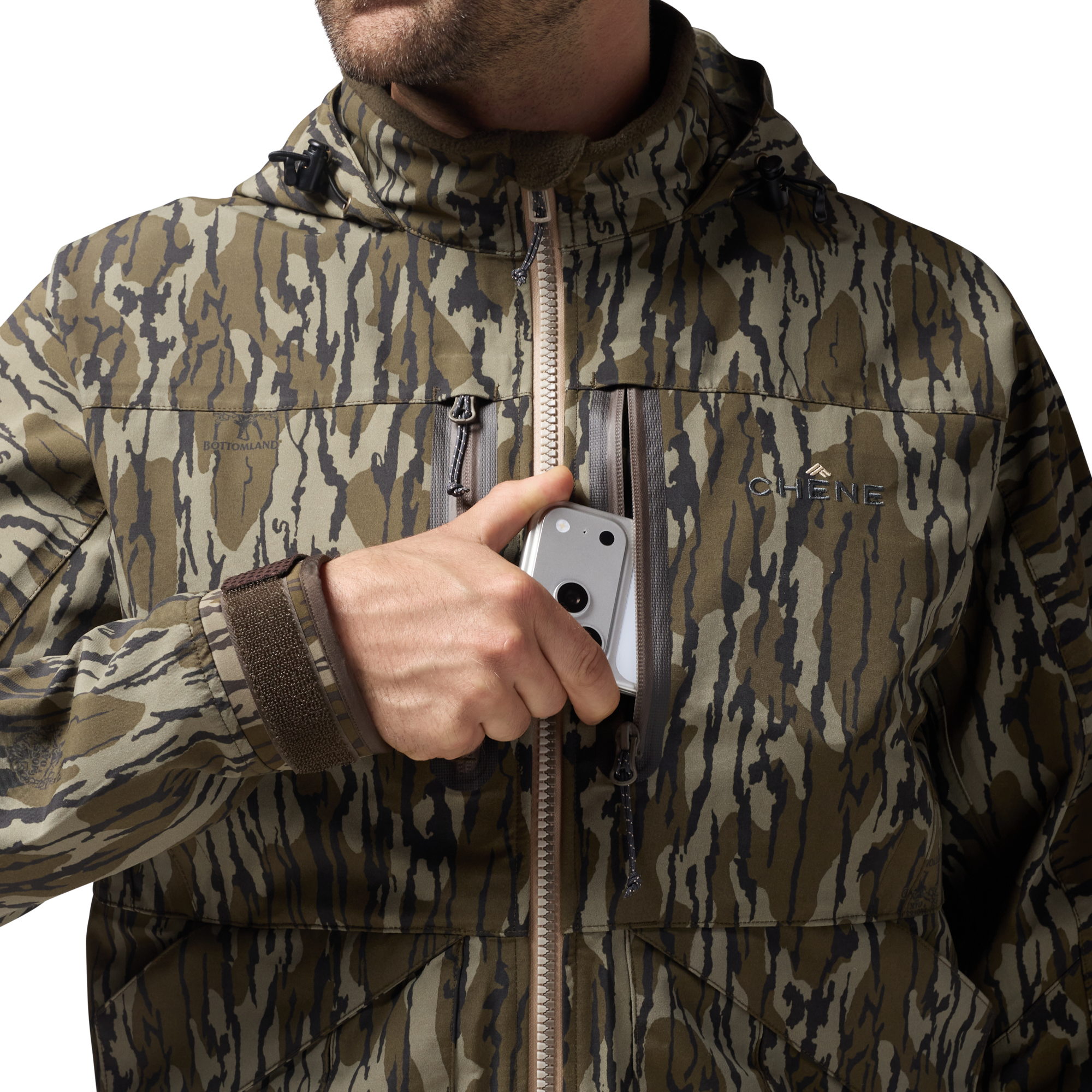 Hydro-Lok Shell Jacket in Mossy Oak Original Bottomland, on model #mossy_oak_original_bottomland