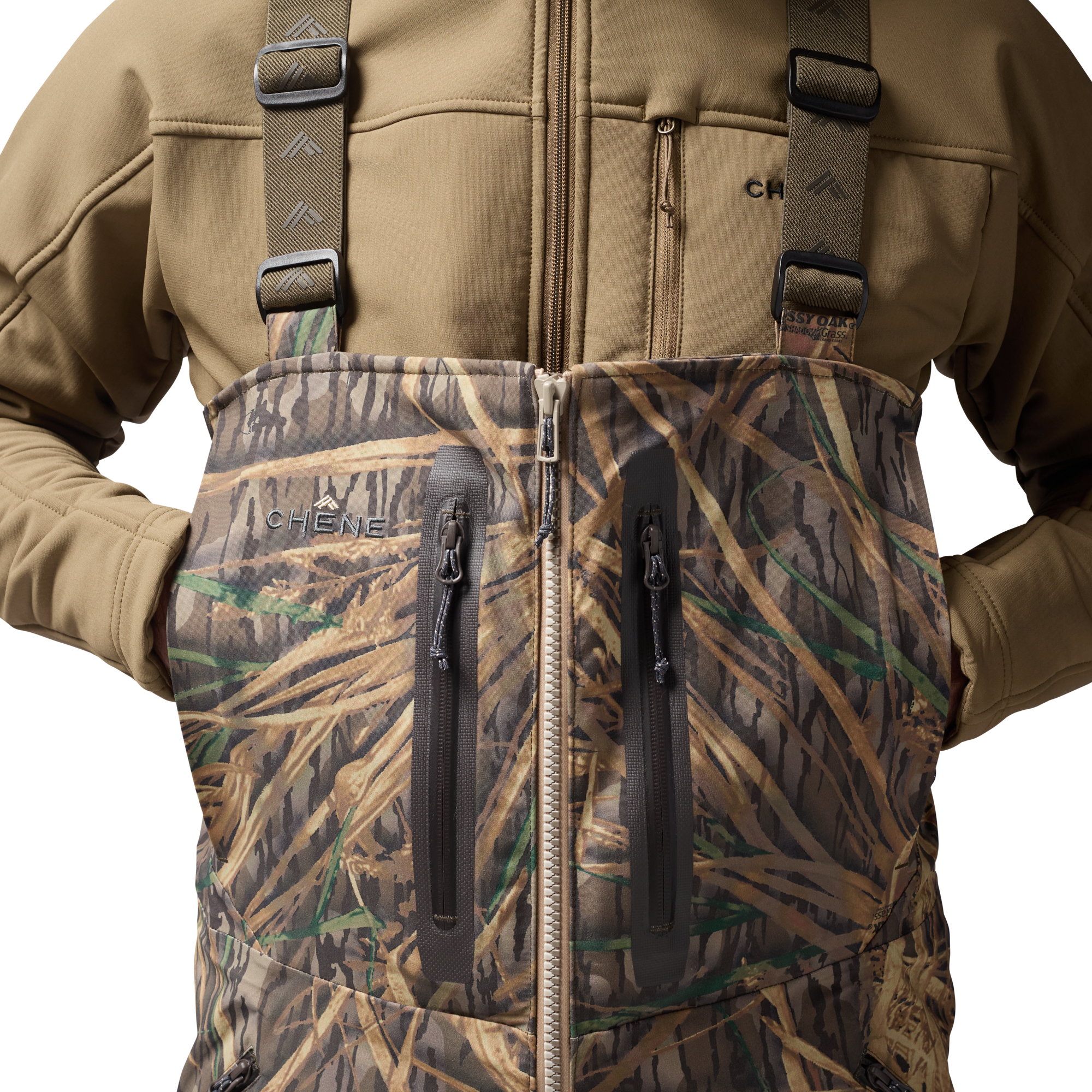 Hydro-Lok Field Bib in Mossy Oak Original Shadow Grass, on model #mossy_oak_original_shadow_grass