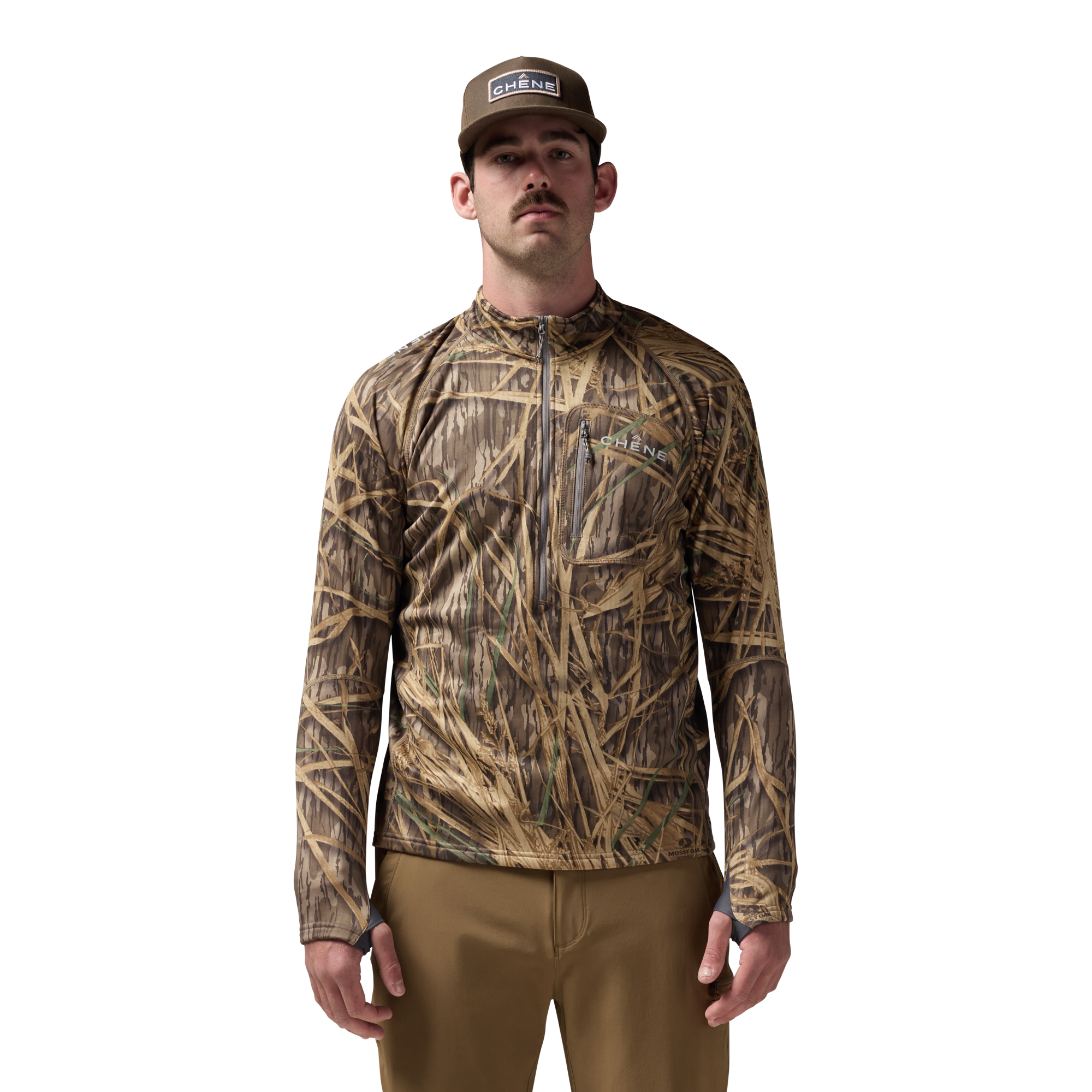 Sixty Series Technical Fleece Half Zip in Mossy Oak Original Shadow Grass, on model #mossy_oak_original_shadow_grass