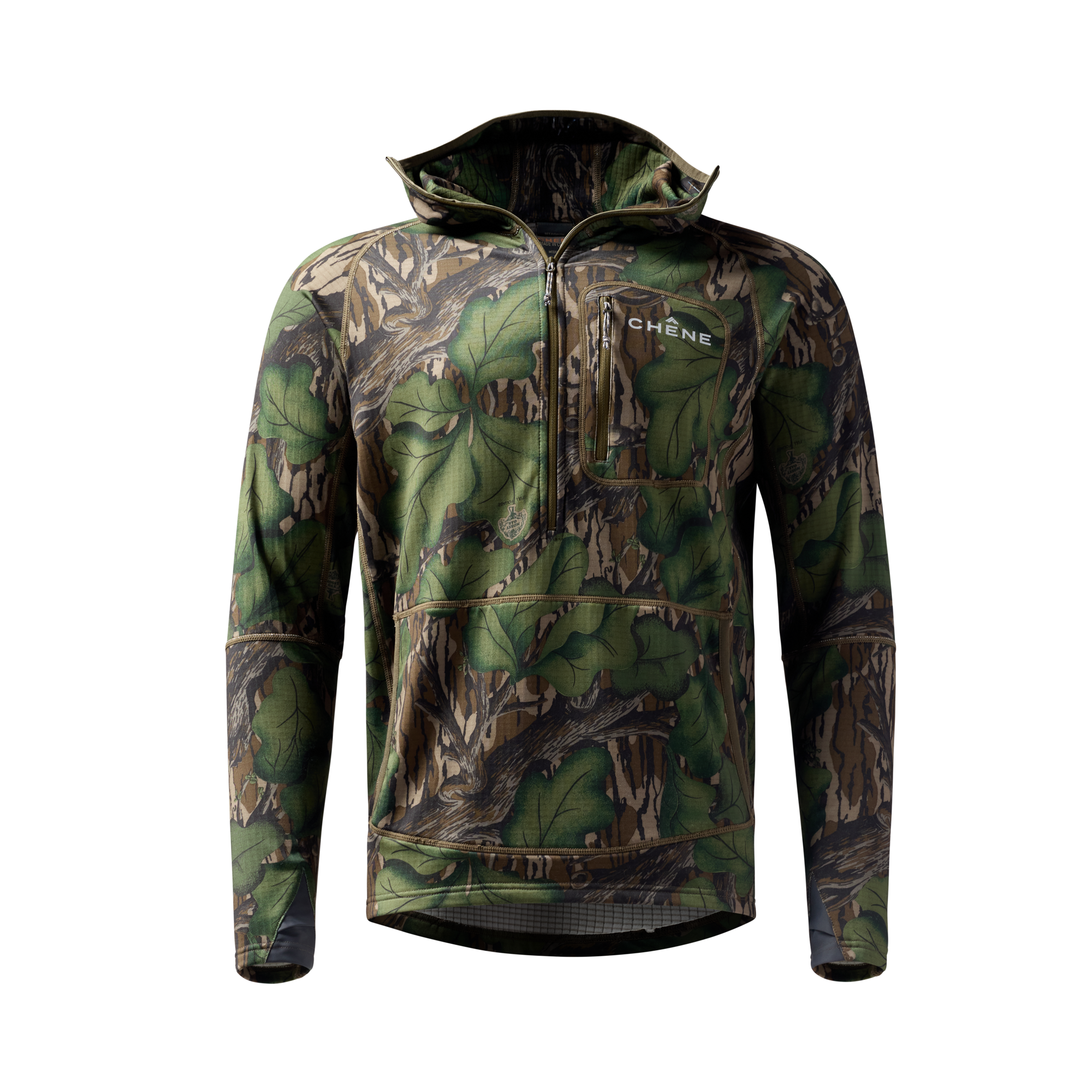 Sixty Series Technical Fleece Half Zip with Hood in Mossy Oak Full Foliage, front view #mossy_oak_full_foliage