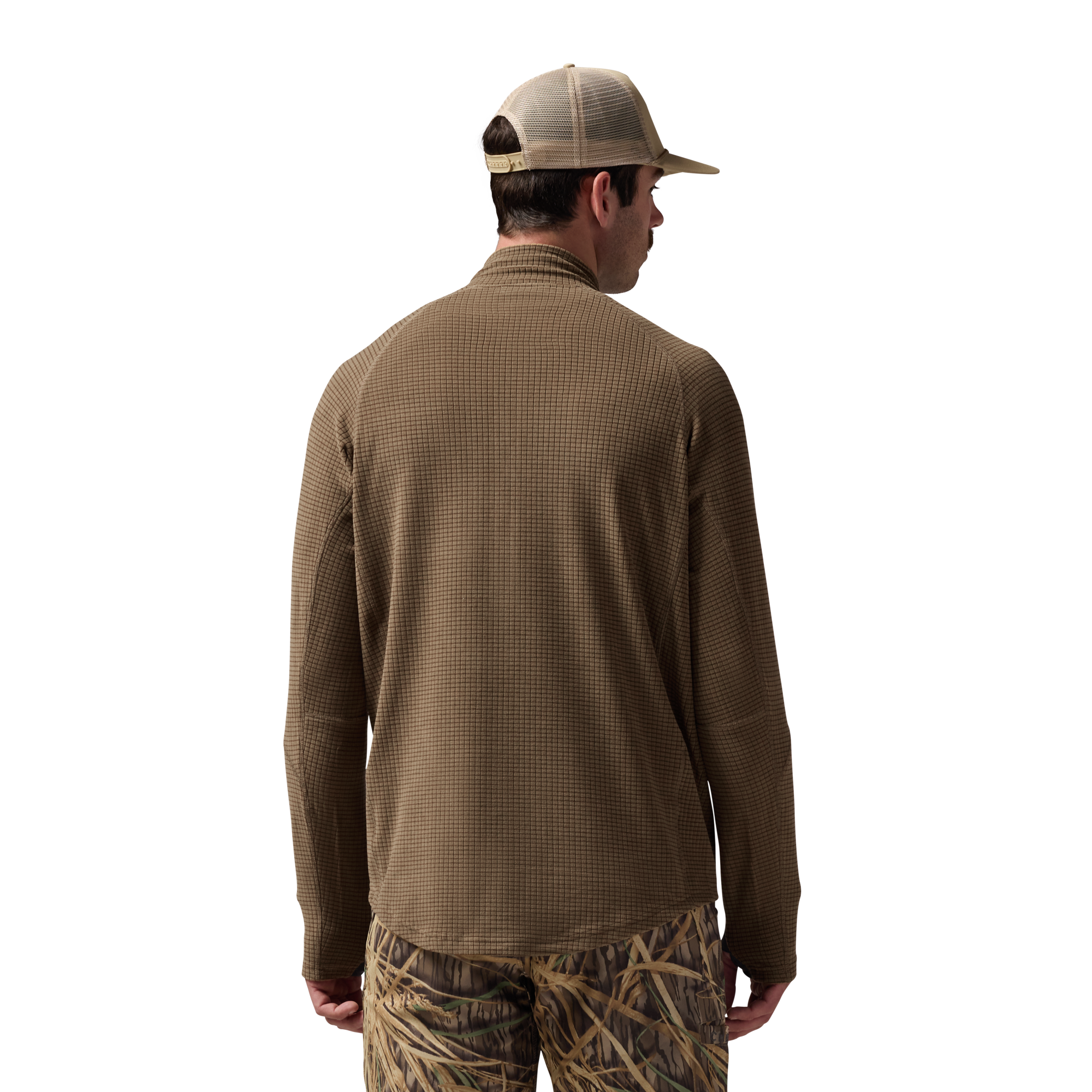 Sixty Series Check Fleece Half Zip in Field Tan, on model #field_tan