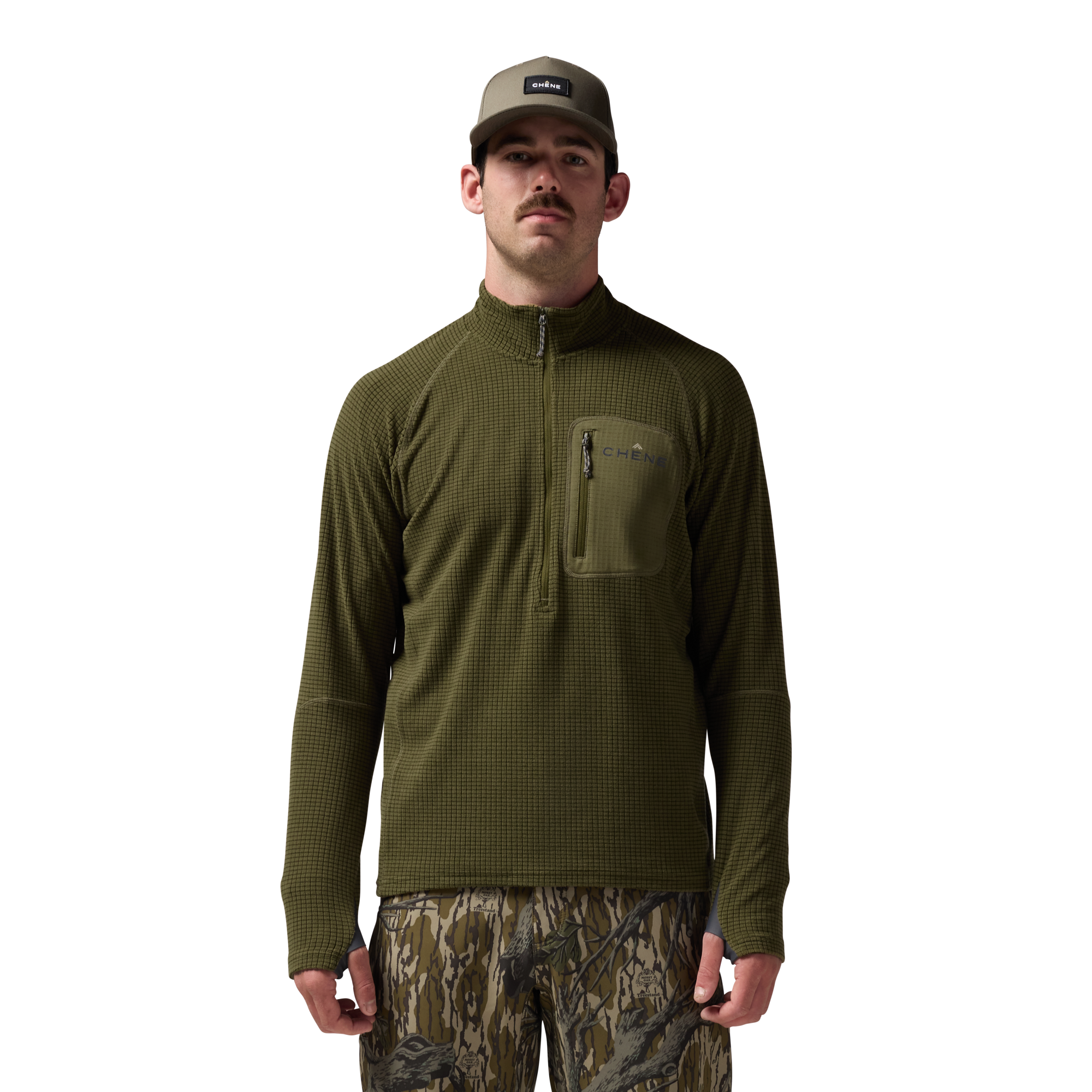 Sixty Series Check Fleece Half Zip in Olive, on model #olive