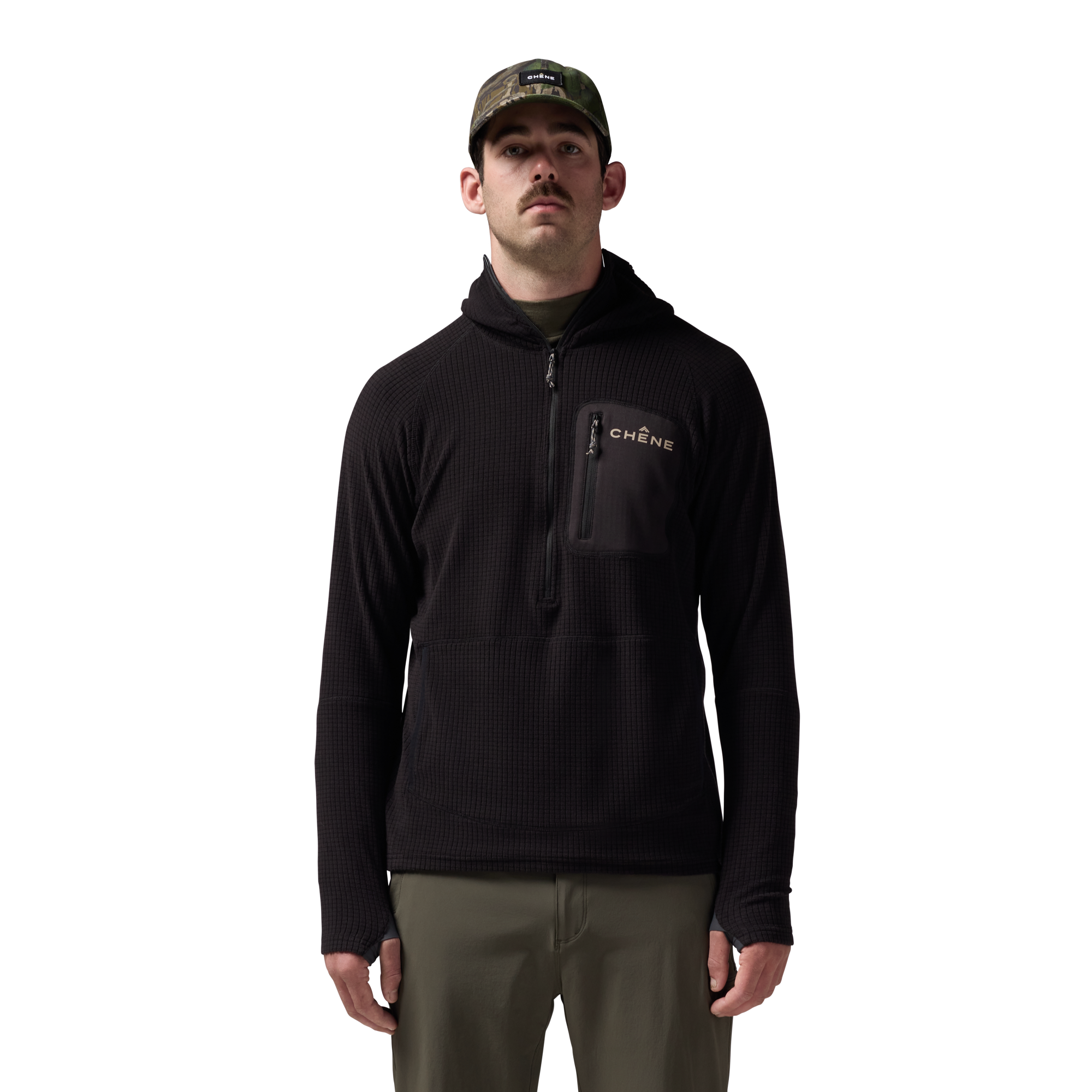 Sixty Series Check Fleece Half Zip with Hood in Black, on model #black