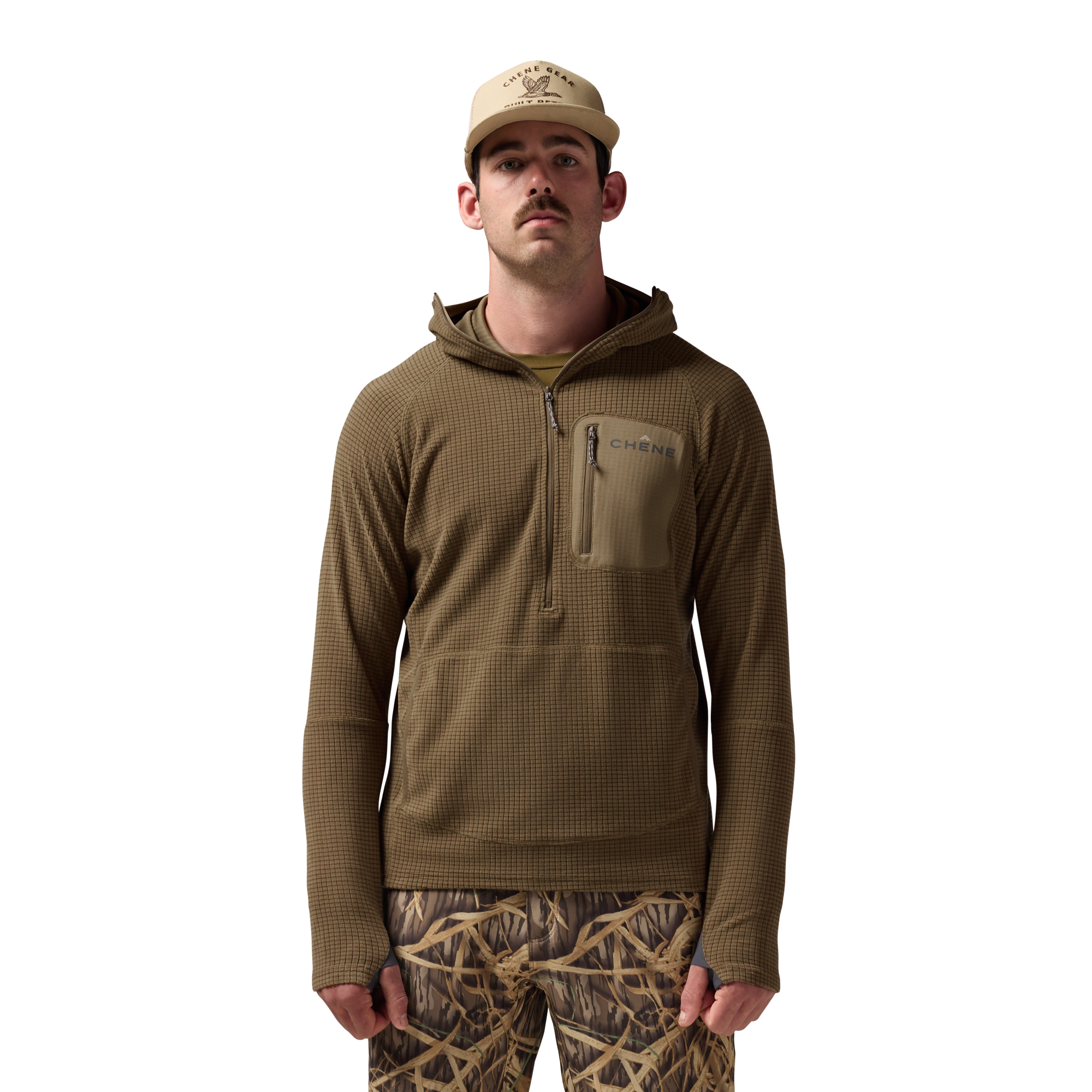 Sixty Series Check Fleece Half Zip with Hood in Field Khaki, on model #field_khaki