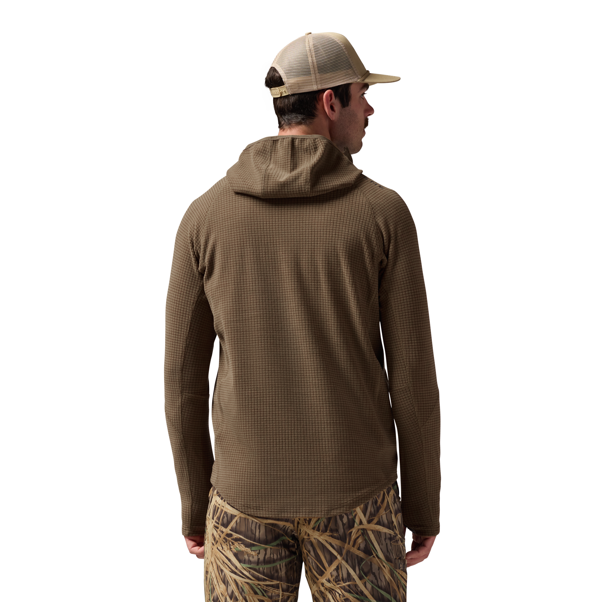 Sixty Series Check Fleece Half Zip with Hood in Field Khaki, on model #field_khaki