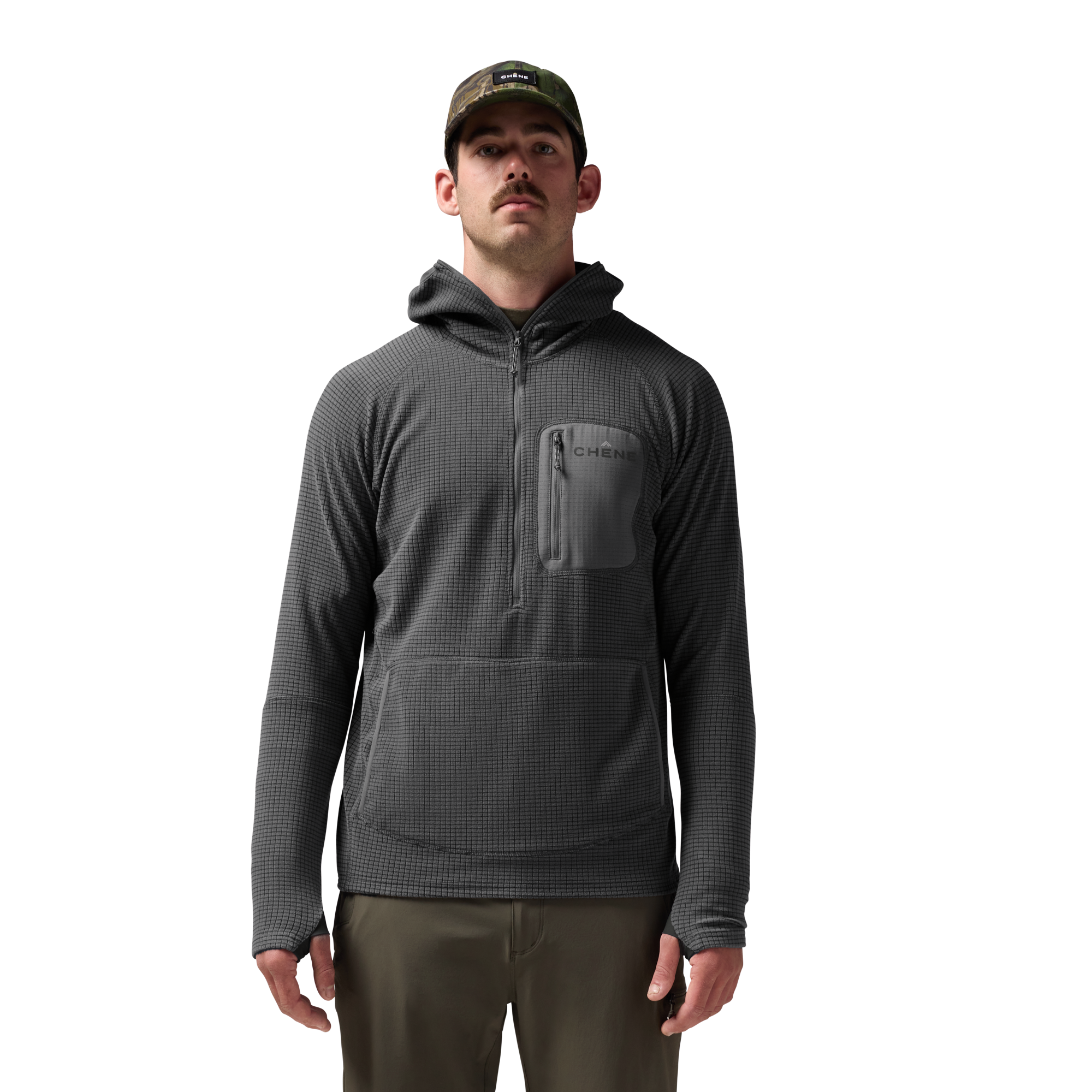 Sixty Series Check Fleece Half Zip with Hood in Gray, on model #gray