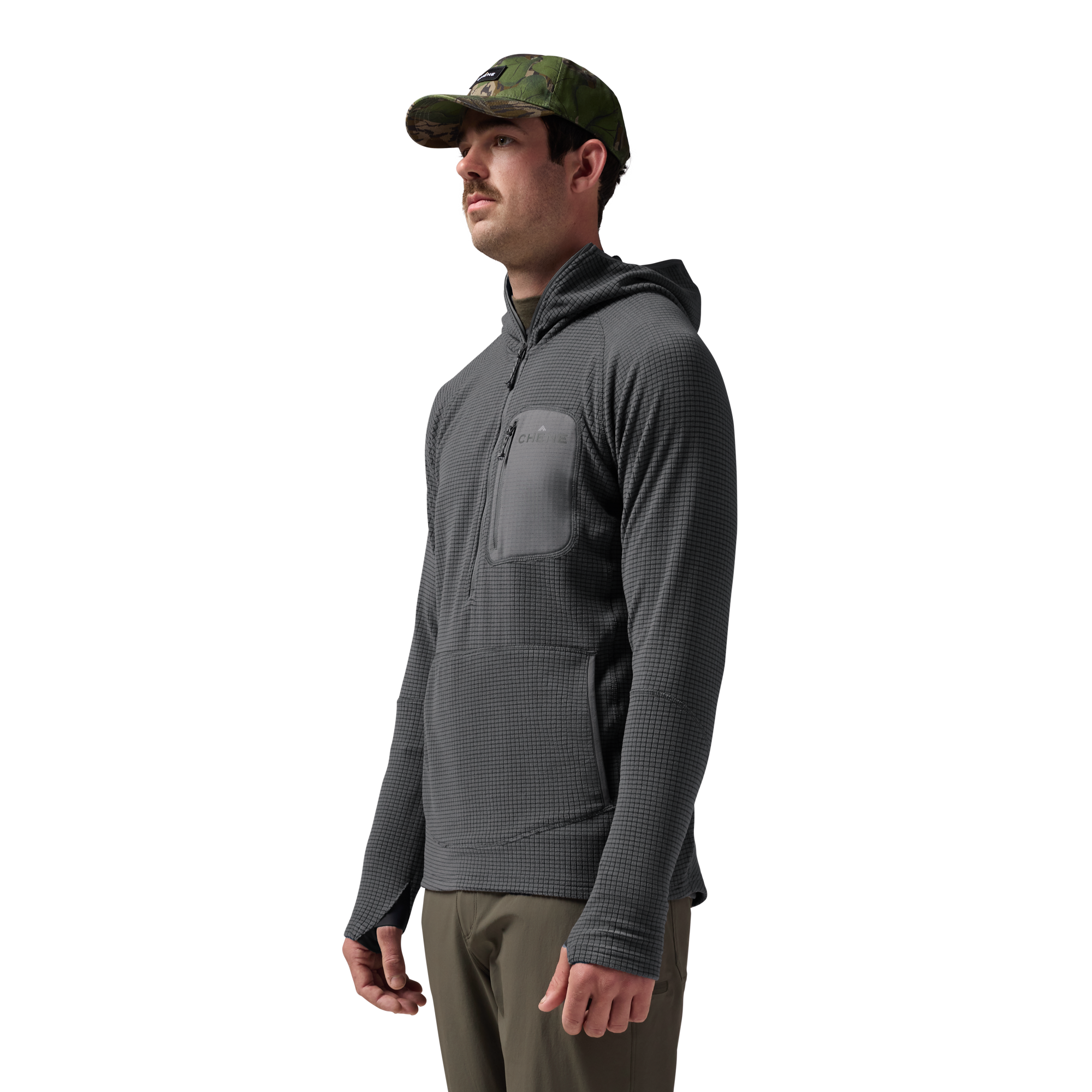 Sixty Series Check Fleece Half Zip with Hood in Gray, on model #gray