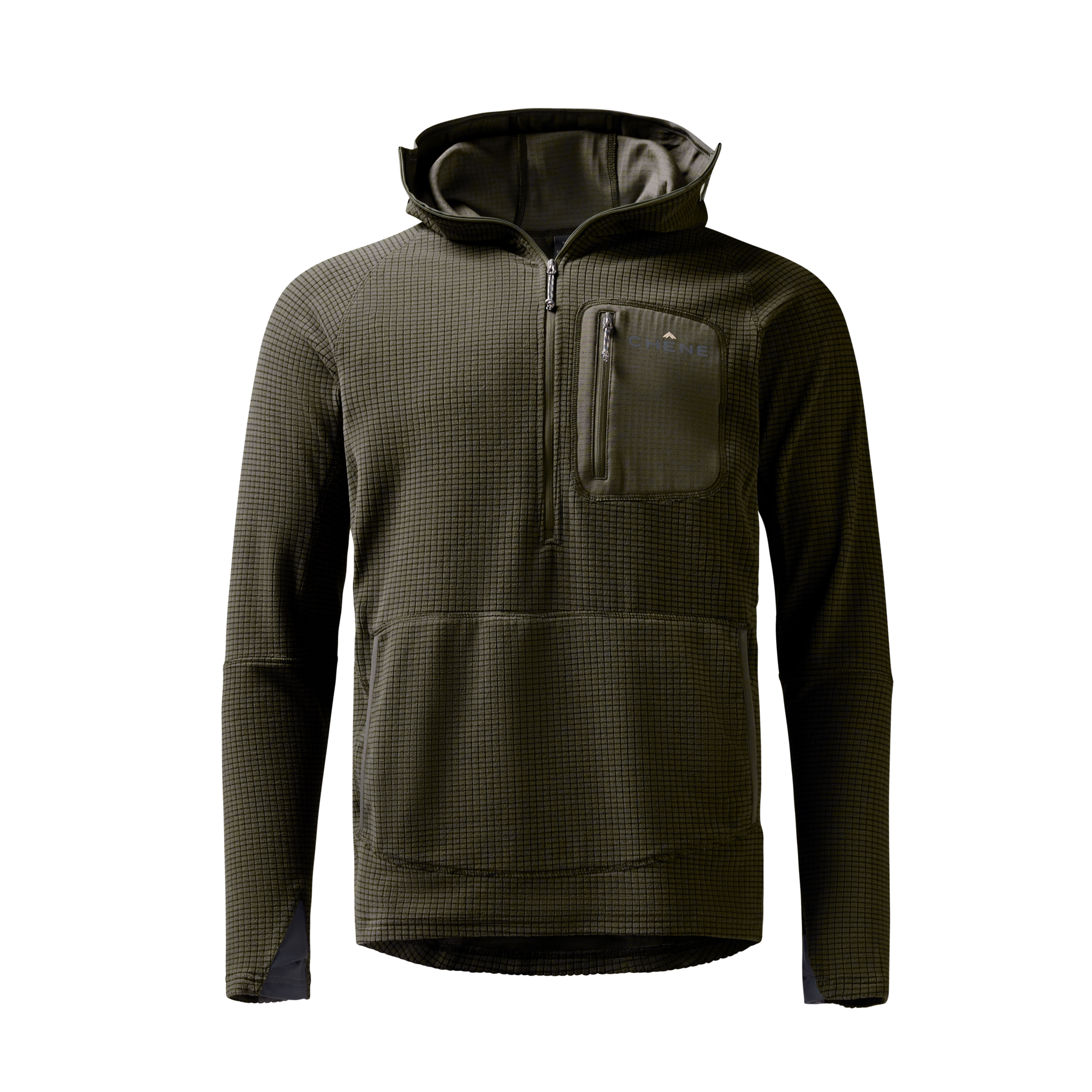Sixty Series Check Fleece Half Zip with Hood in Olive, front view #olive