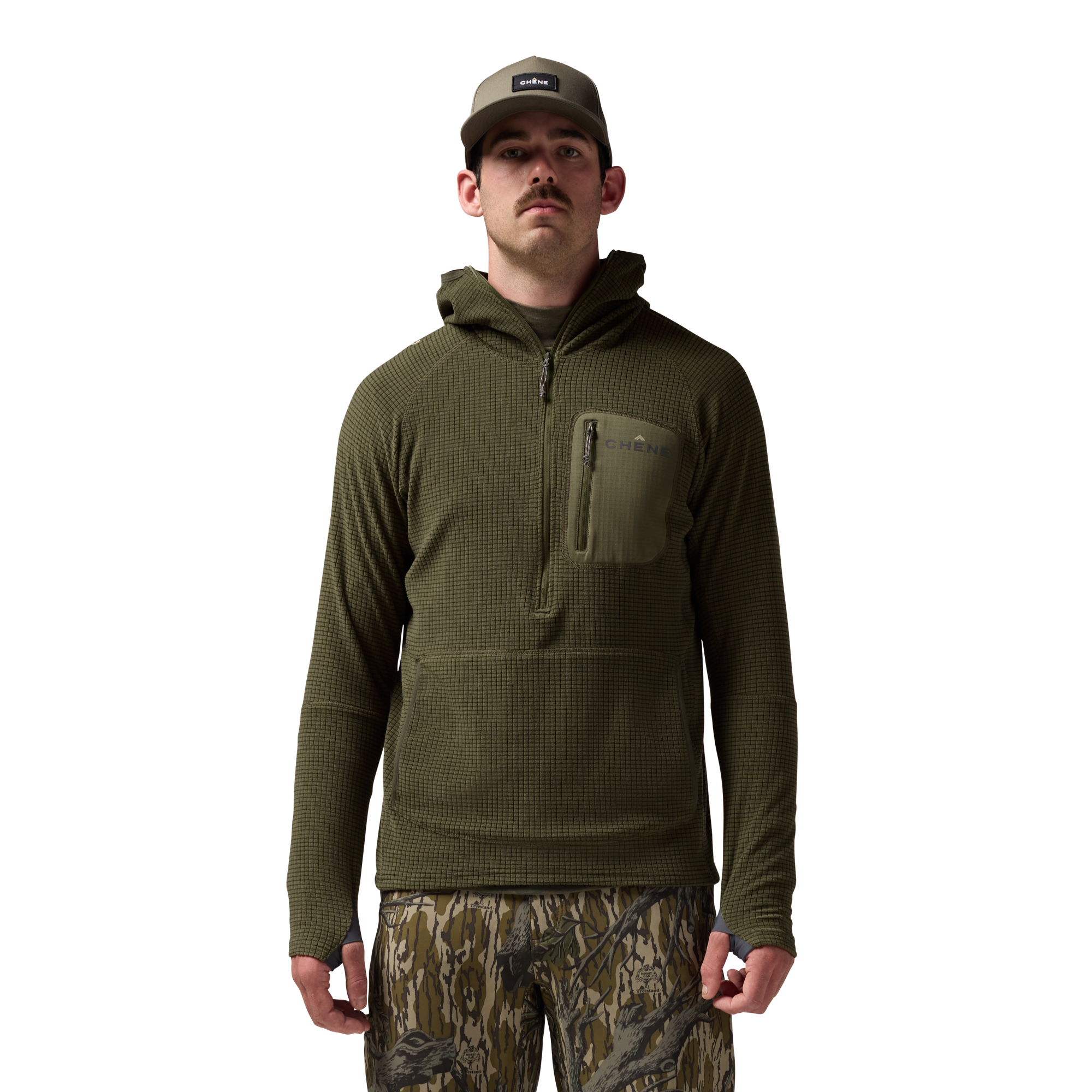 Sixty Series Check Fleece Half Zip with Hood in Olive, on model #olive