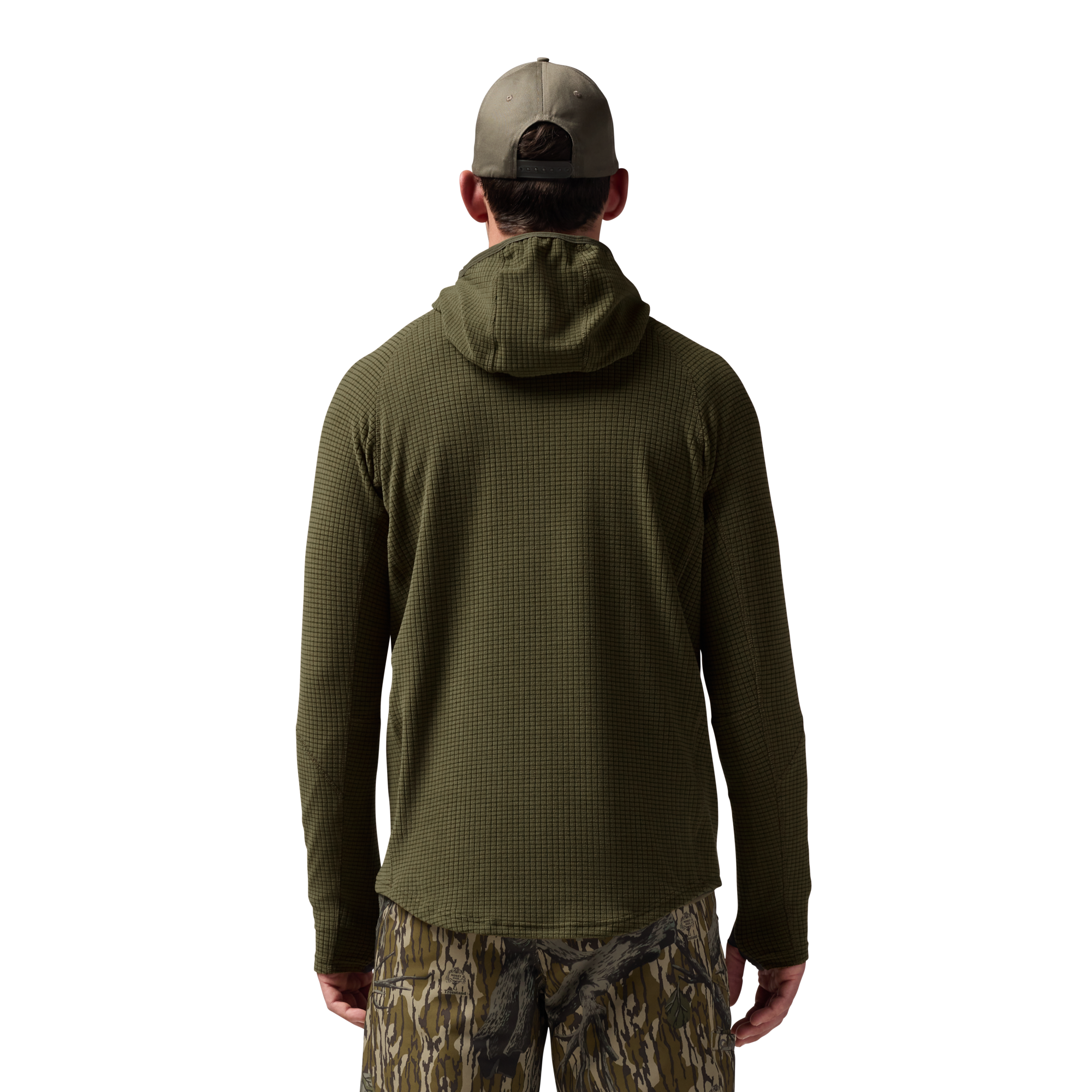 Sixty Series Check Fleece Half Zip with Hood in Olive, on model #olive