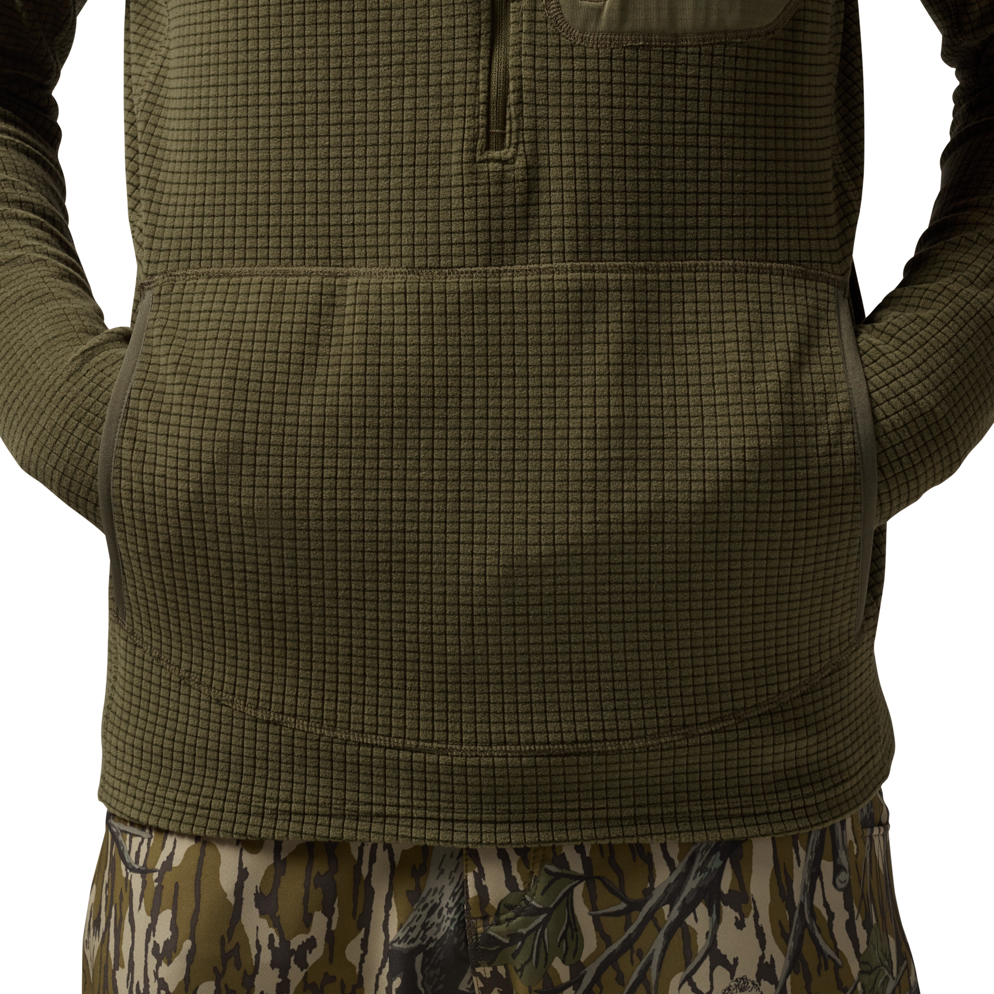 Sixty Series Check Fleece Half Zip with Hood in Olive, on model #olive