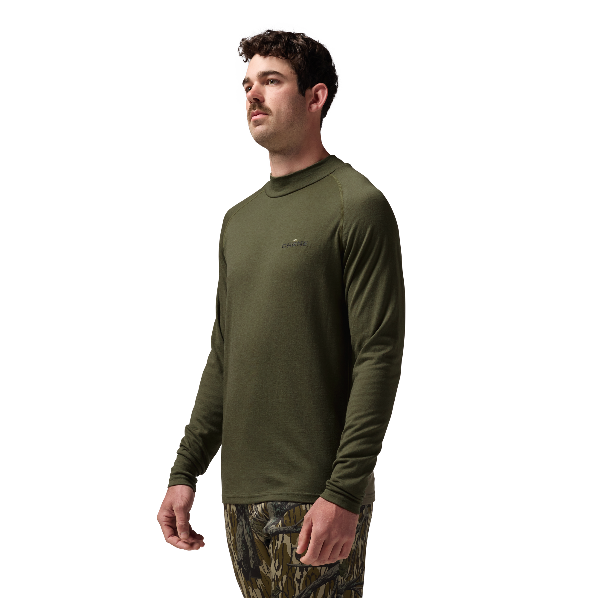 Merino Mock Neck in Olive, on model #olive