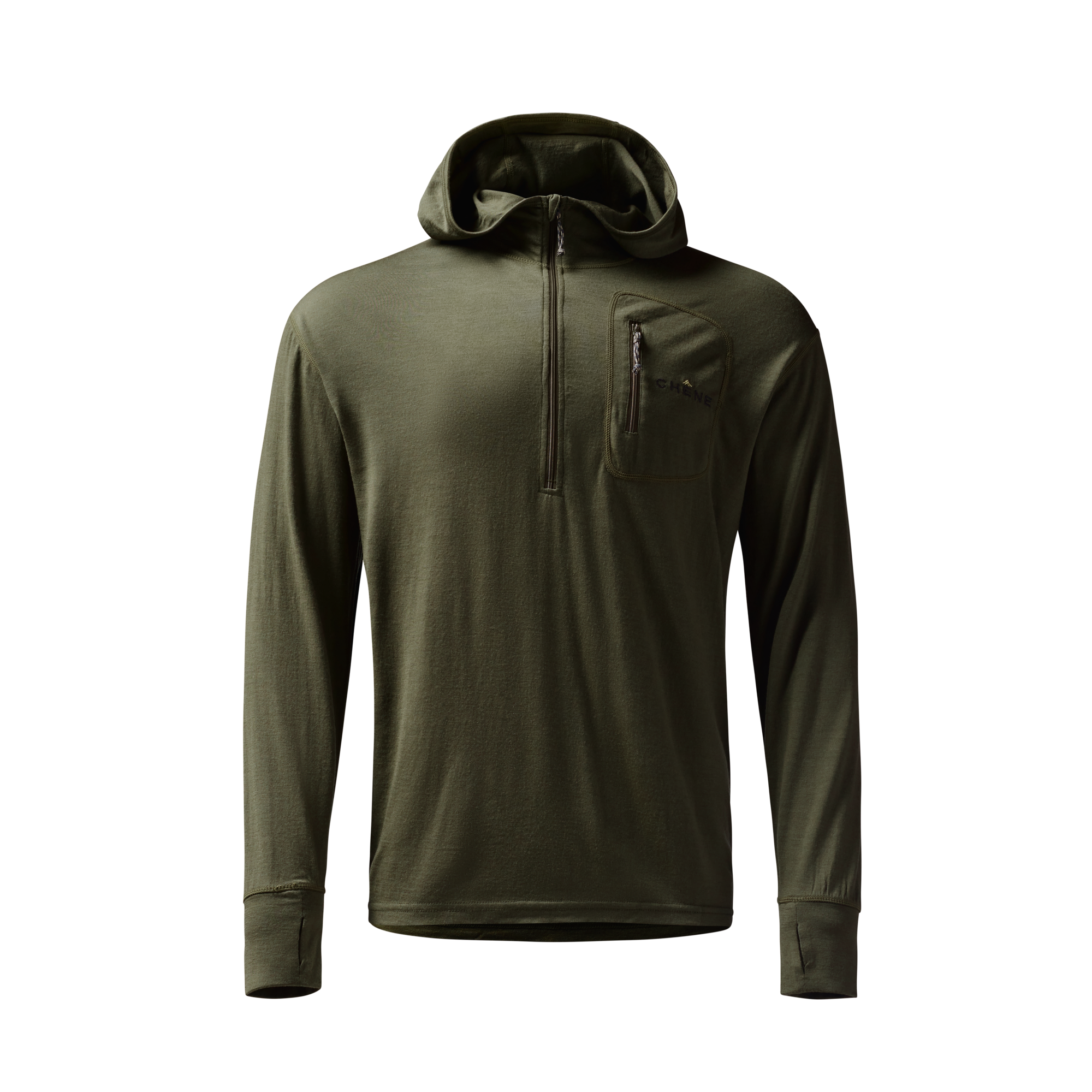 Merino Half Zip with Hood in Olive, front view #olive