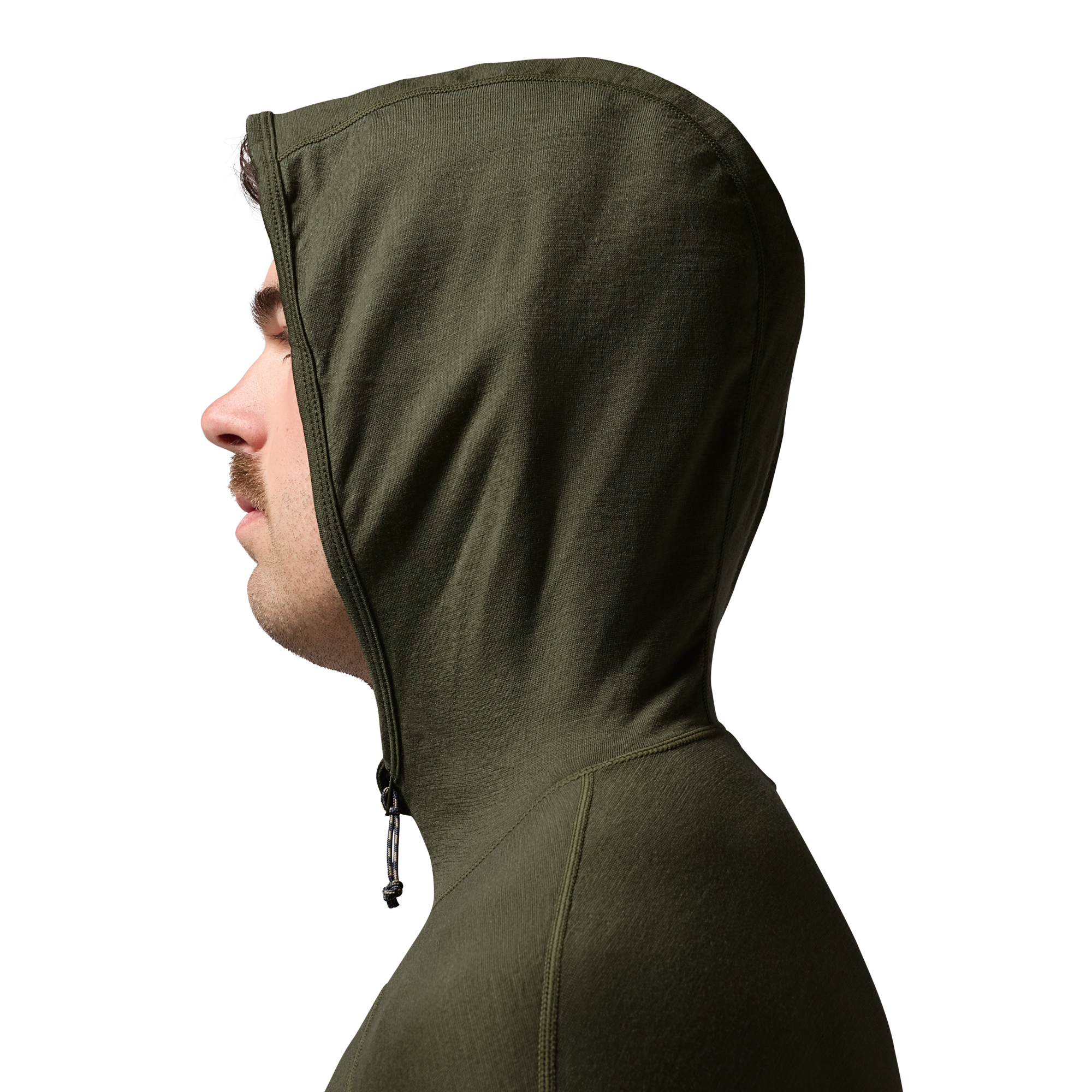 Merino Half Zip with Hood in Olive, on model #olive