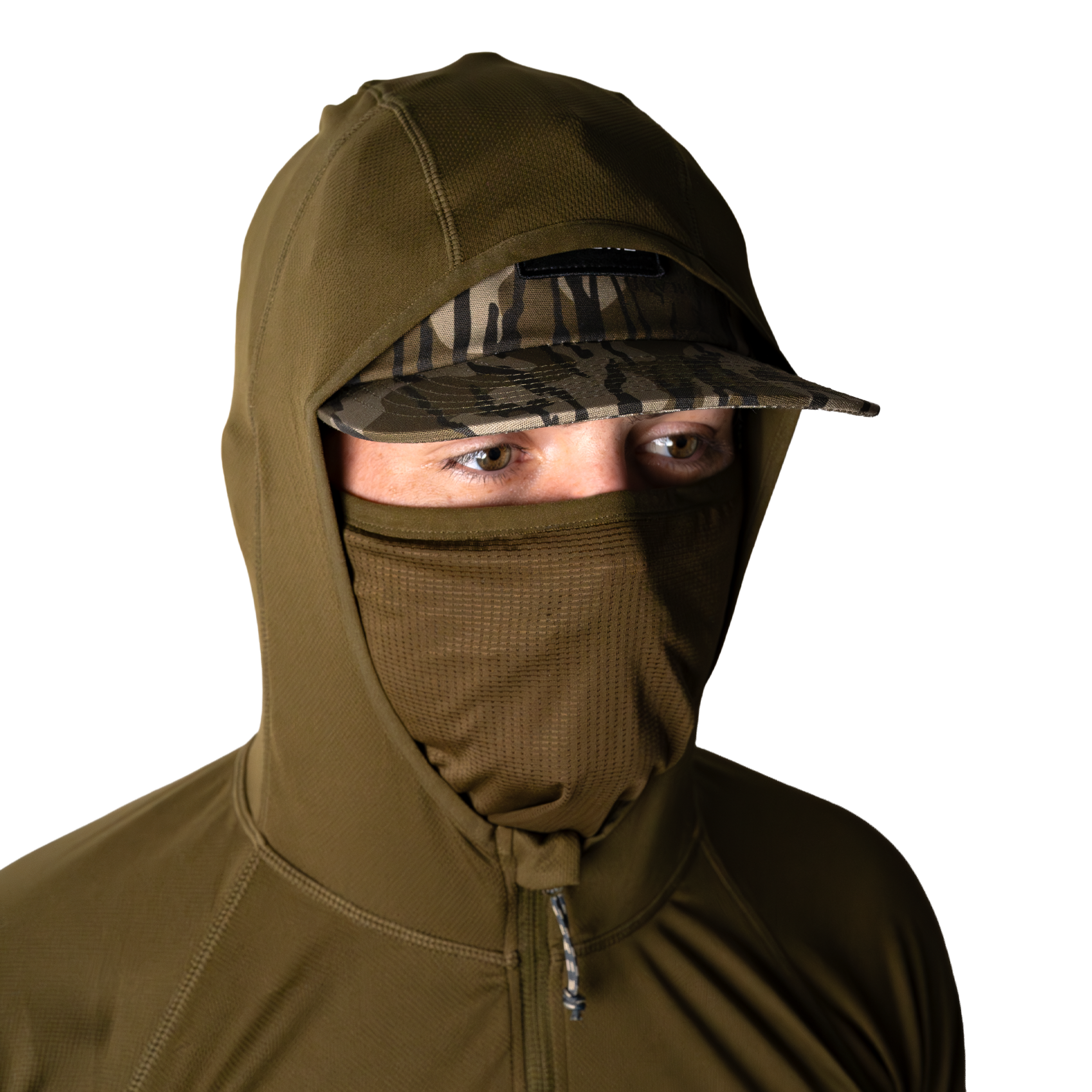 Model wearing a dark olive hoodie with built in face mask and brimmed cap, front view on light background. #dark_olive