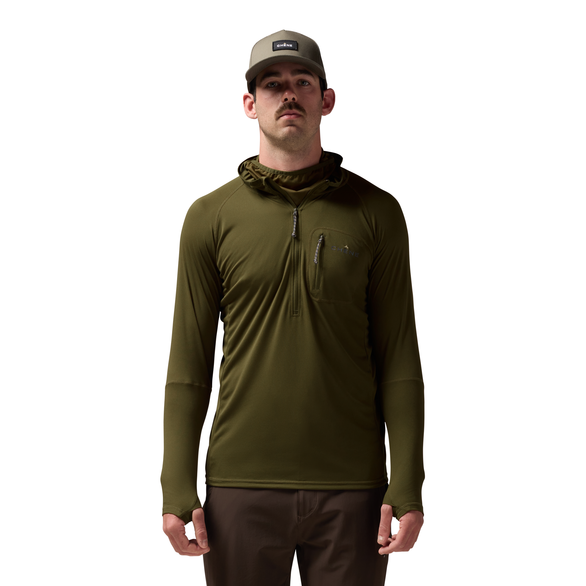 Vale 105 Synthetic Hoodie in Dark Olive, on model #dark_olive