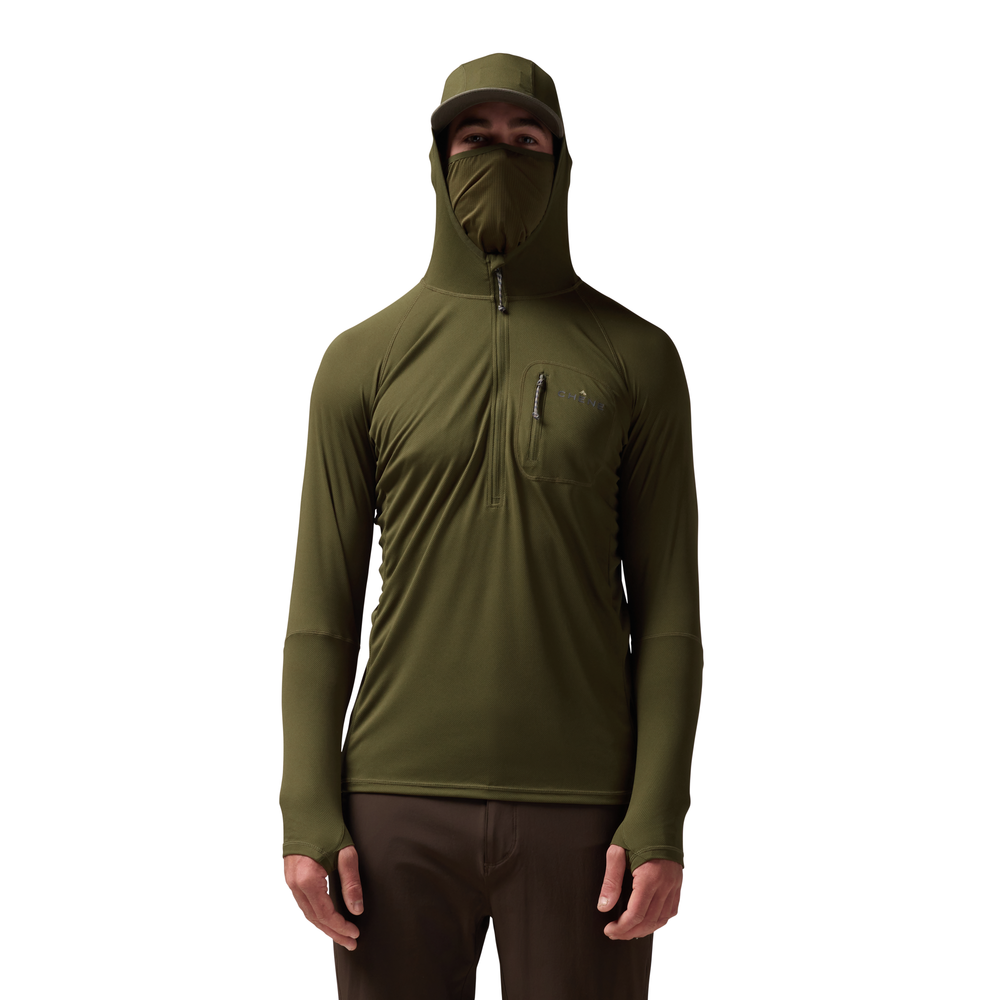 Vale 105 Synthetic Hoodie in Dark Olive, on model #dark_olive