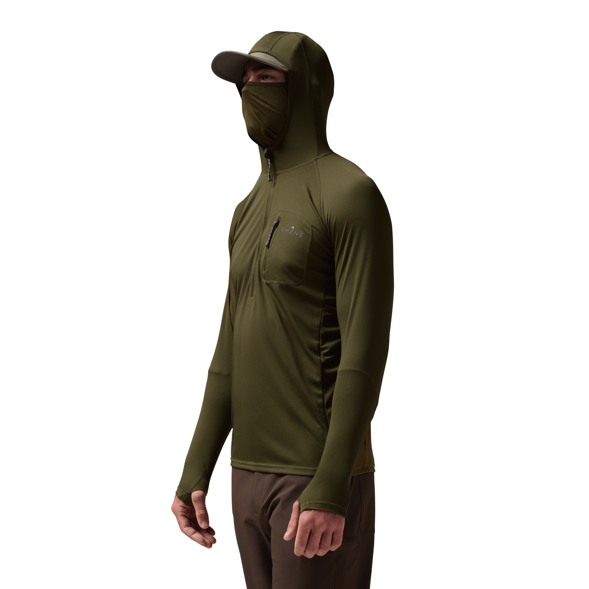 Vale 105 Synthetic Hoodie in Dark Olive, on model #dark_olive