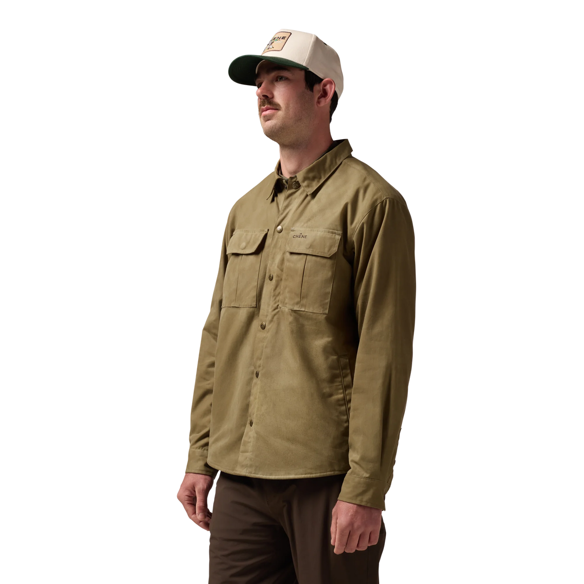 Founder's Reserve Waxed Jac-Shirt in Field Khaki, on model #field_khaki