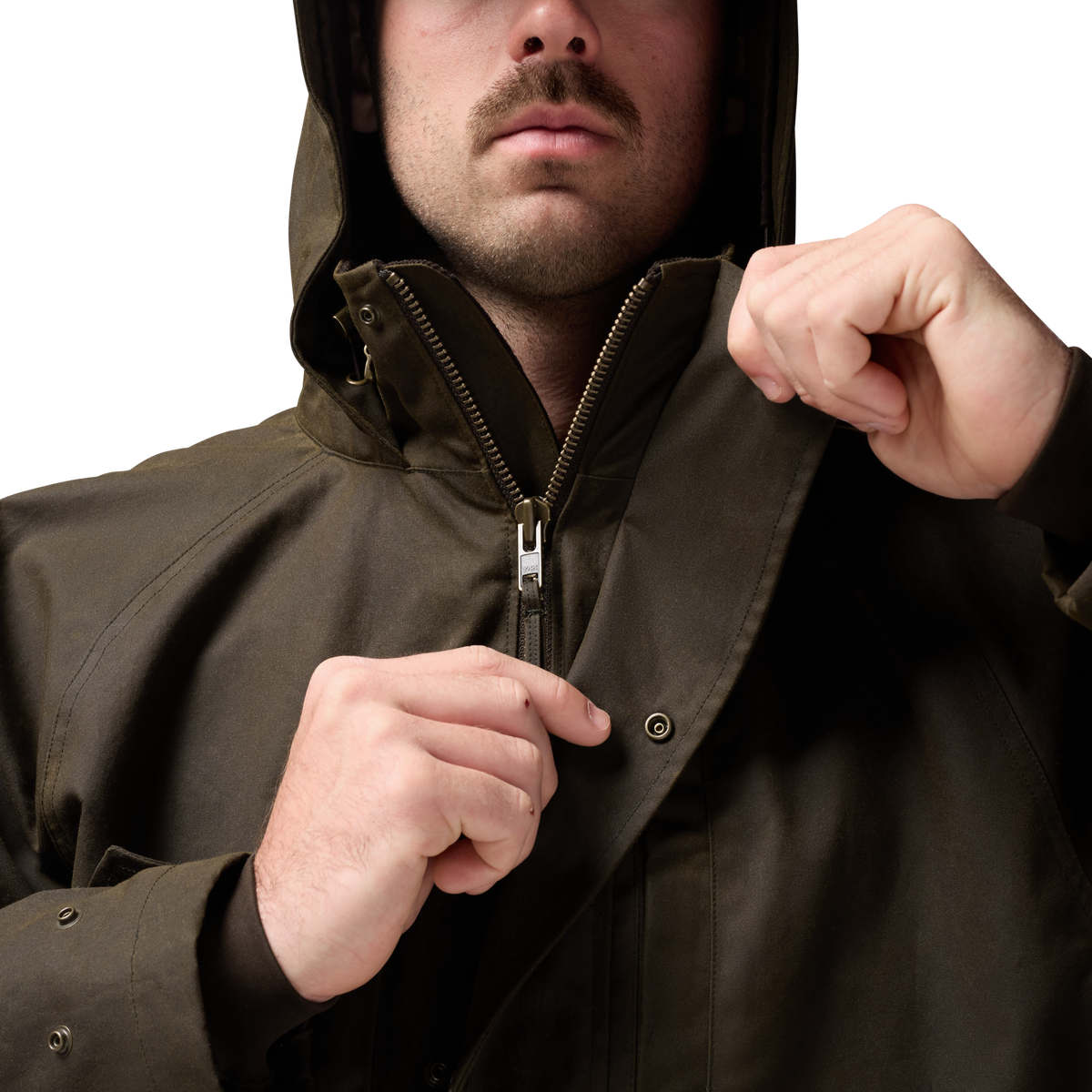 Founder's Reserve Waxed Wading Jacket in Dark Olive, on model #dark_olive