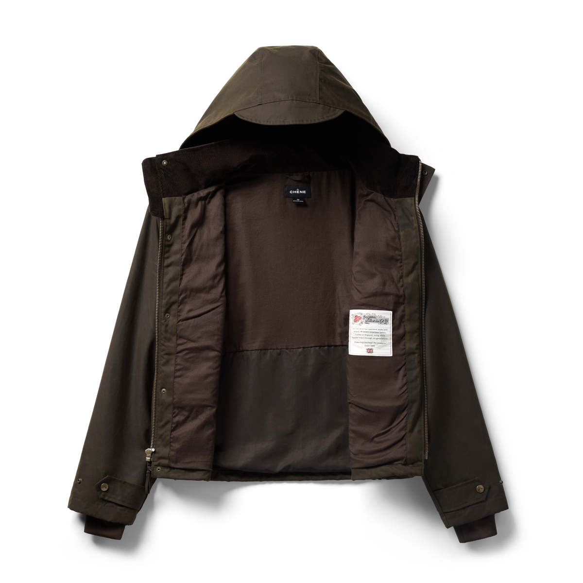 Founder's Reserve Waxed Wading Jacket in Dark Olive, flat lay #dark_olive