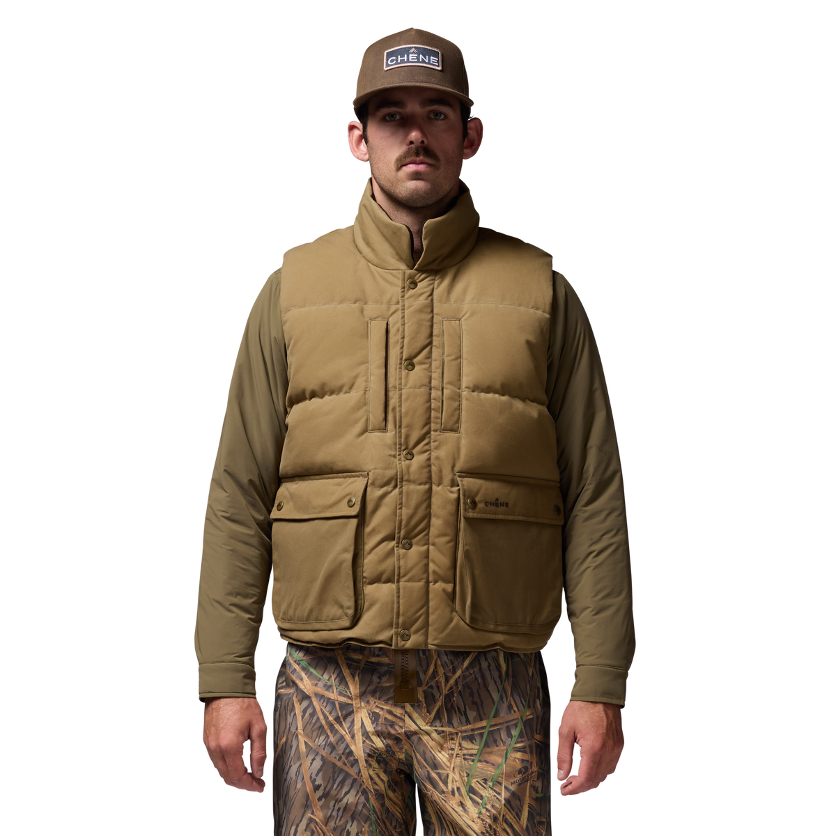 Founders' Reserve Waxed Down Vest in Field Khaki, on model #field_khaki