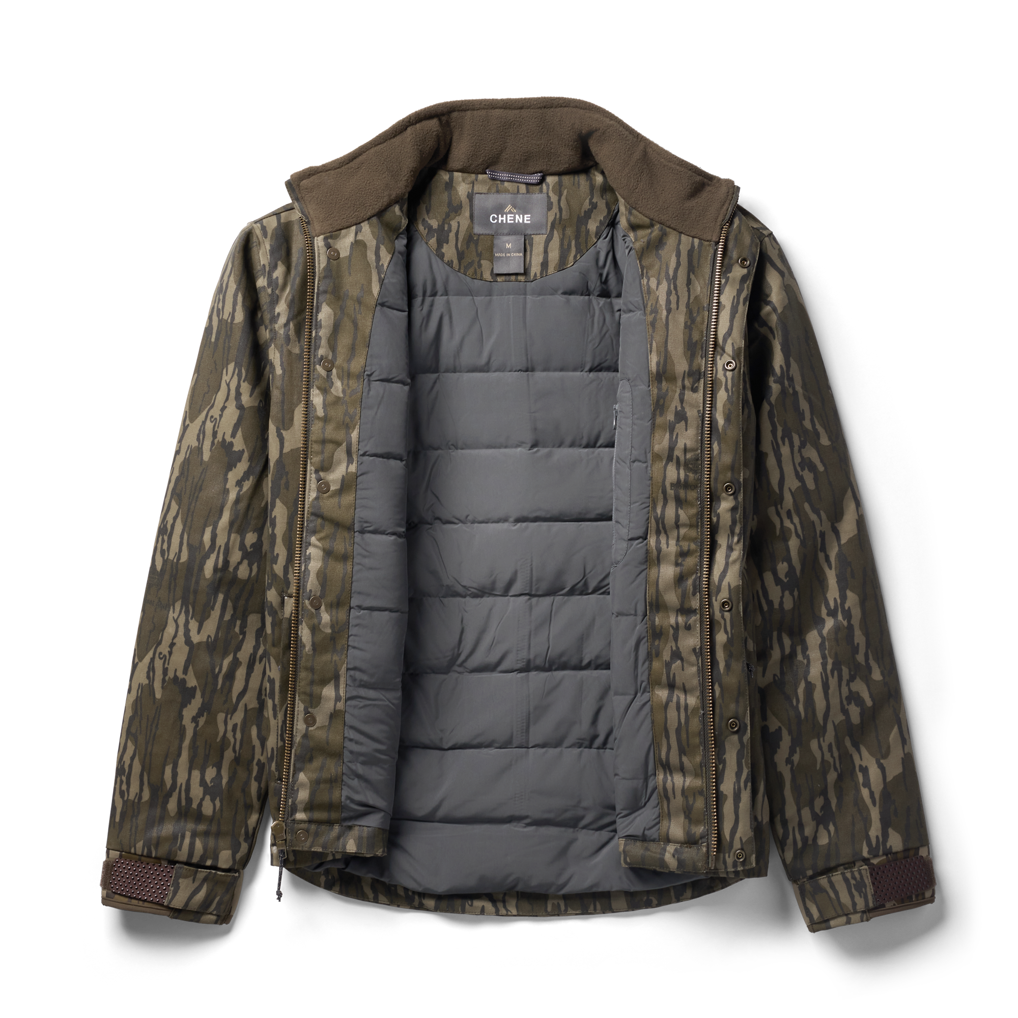 Waxed Canvas Goose Down Jacket in Mossy Oak Original Bottomland, flat lay #mossy_oak_original_bottomland
