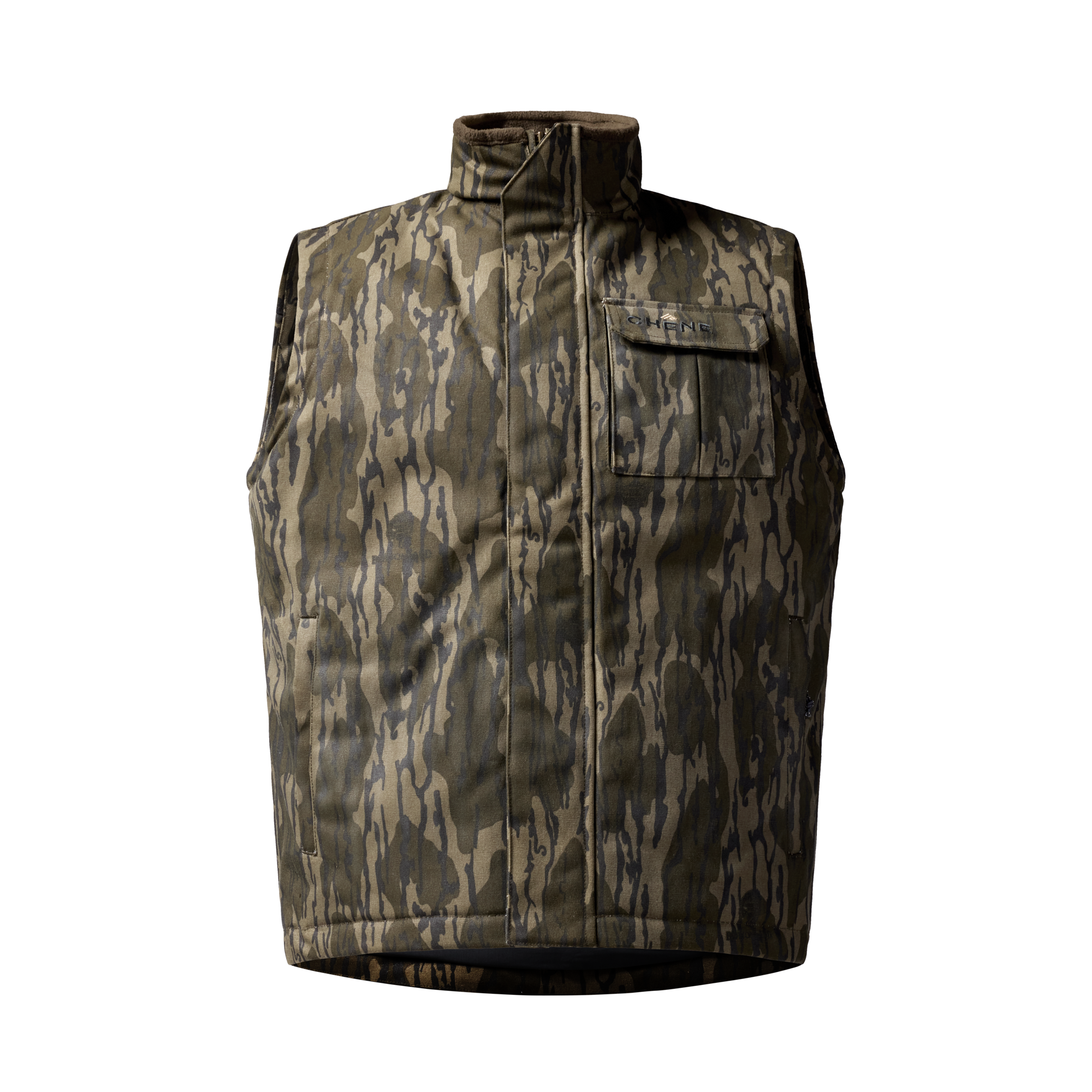 Waxed Canvas Goose Down Vest in Mossy Oak Original Bottomland, front view #mossy_oak_original_bottomland