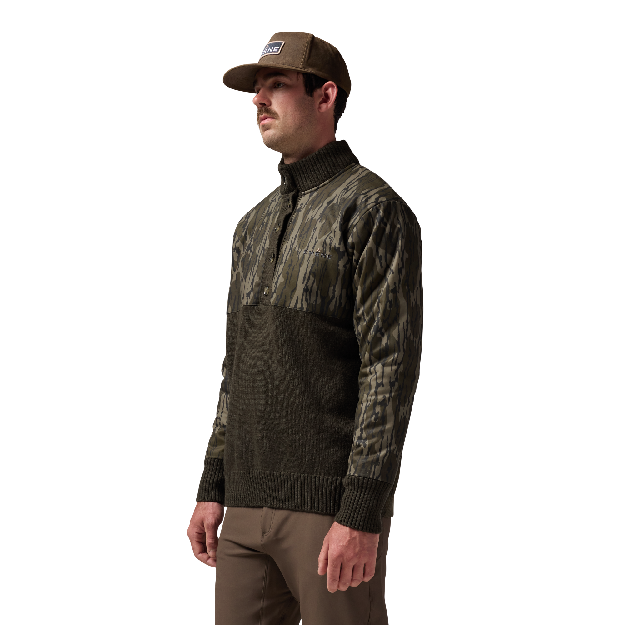 Waxed Canvas Sweater in Mossy Oak Original Bottomland, on model #mossy_oak_original_bottomland