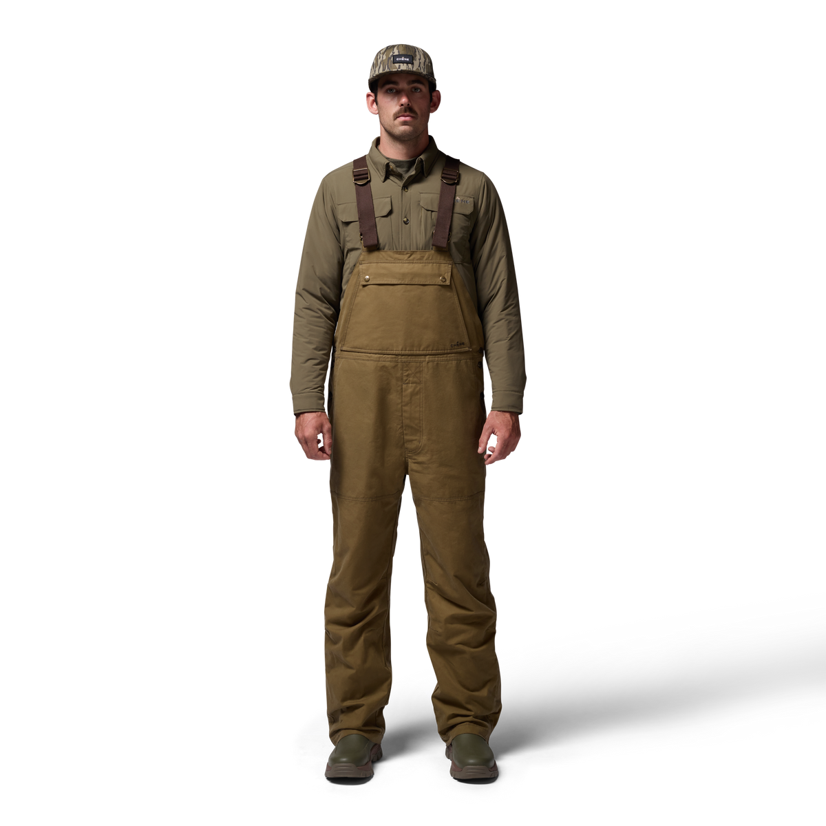 Founders' Reserve Waxed Bib in Field Khaki, on model #field_khaki