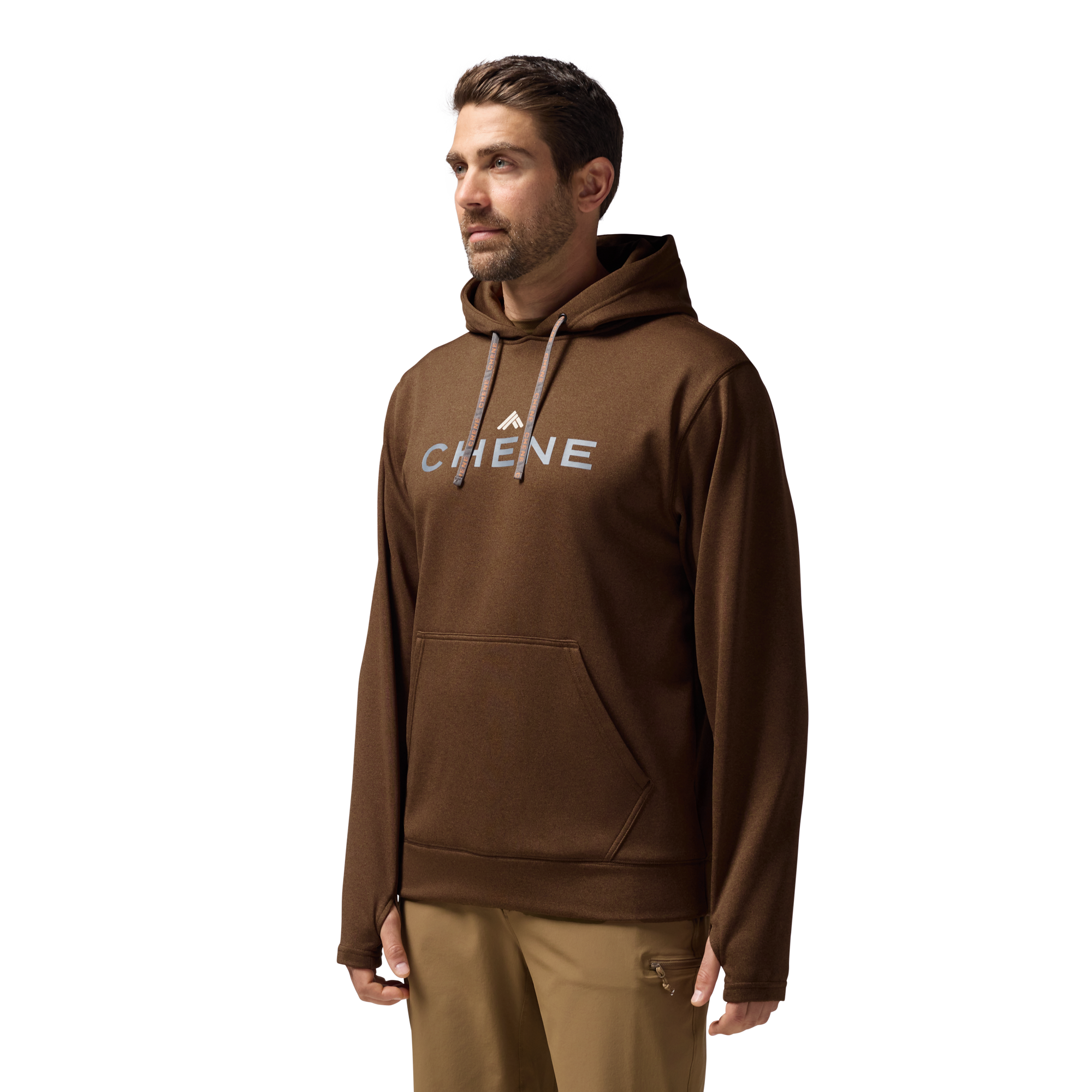 Performance Hoodie in Heather Brown, on model #heather_brown