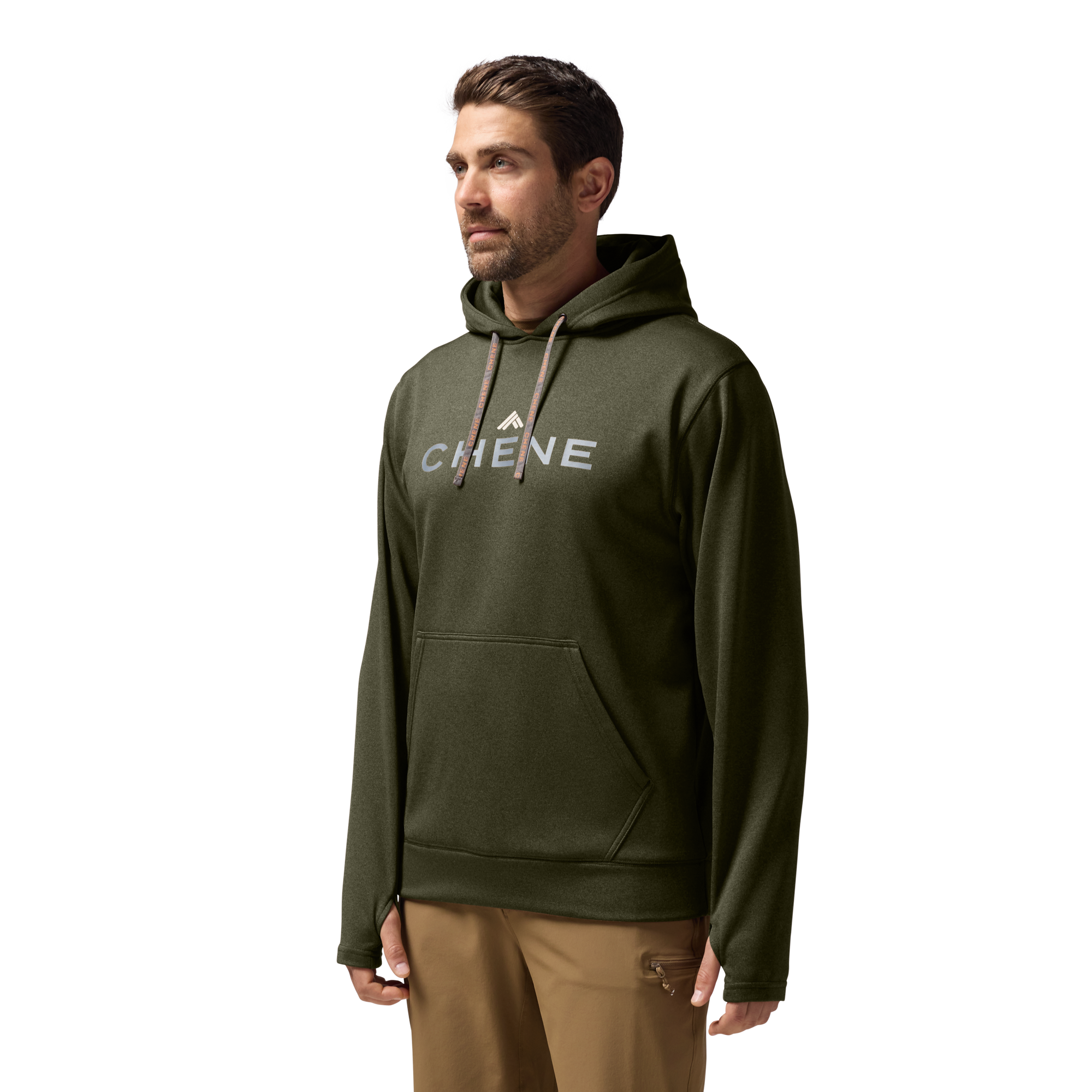 Performance Hoodie in Heather Olive, on model #heather_olive