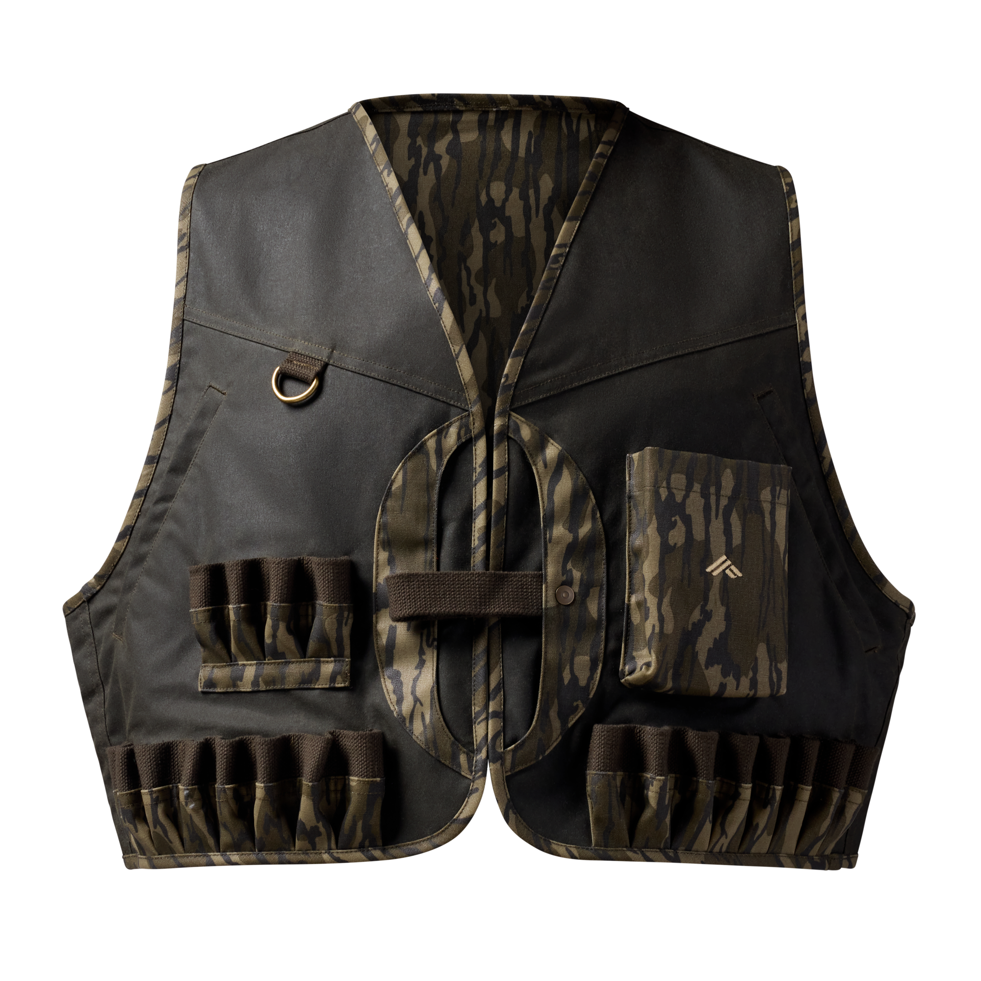 Waxed Canvas Wading Vest in Olive / Mossy Oak Original Bottomland, front view #olive_/_mossy_oak_original_bottomland
