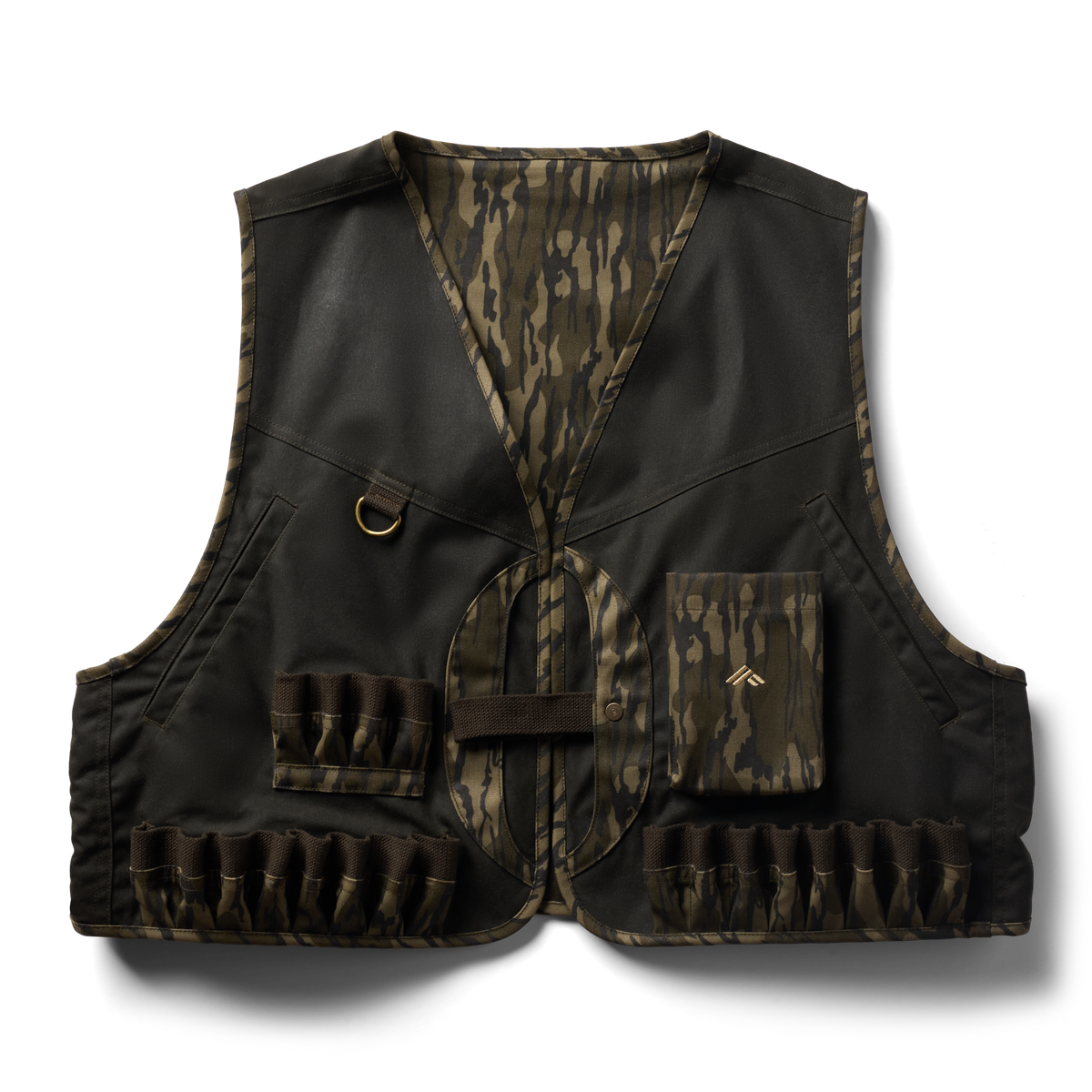 Waxed Canvas Wading Vest in Olive / Mossy Oak Original Bottomland, flat lay #olive_/_mossy_oak_original_bottomland