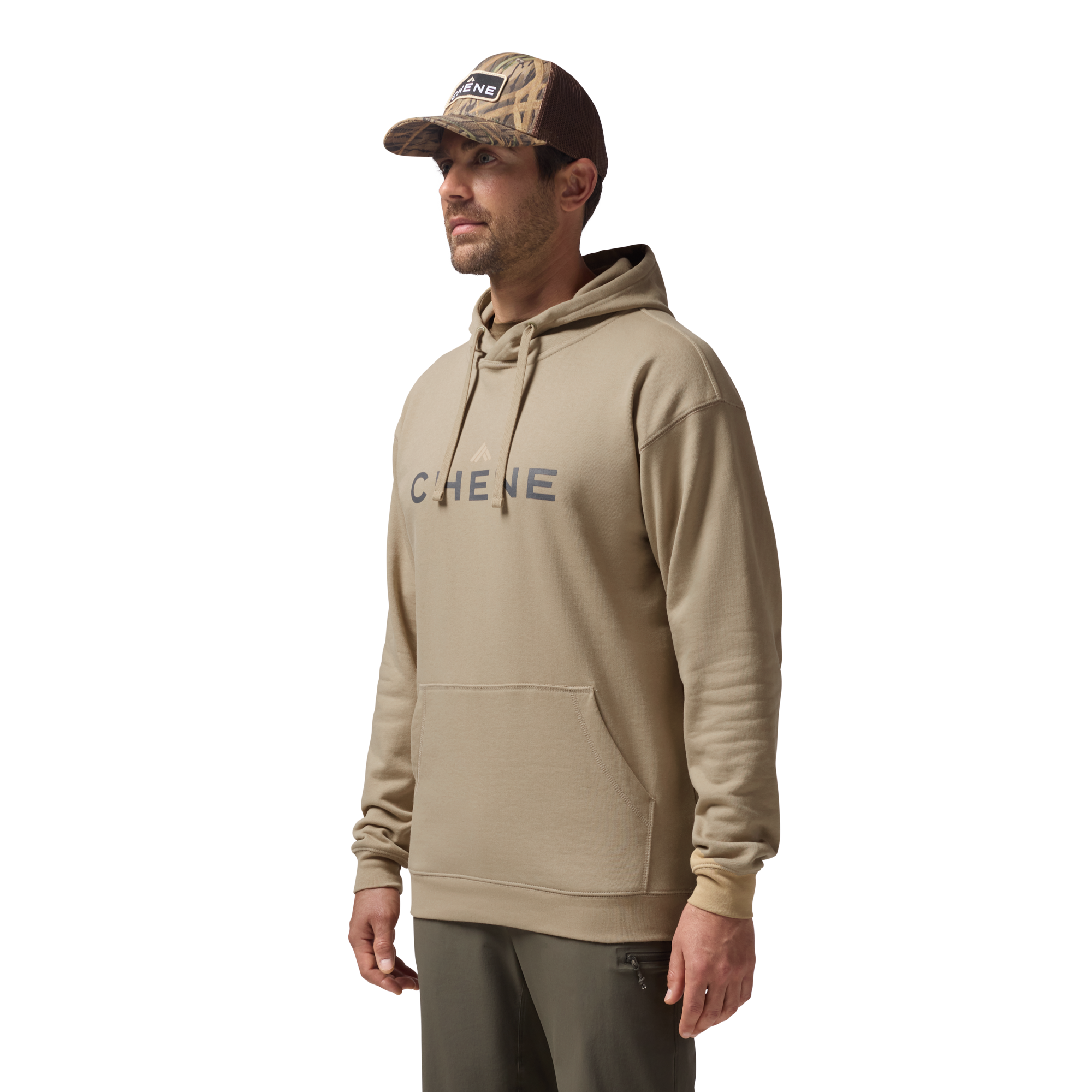 Leisure Hoodie in Heather Dark Khaki, on model #heather_dark_khaki