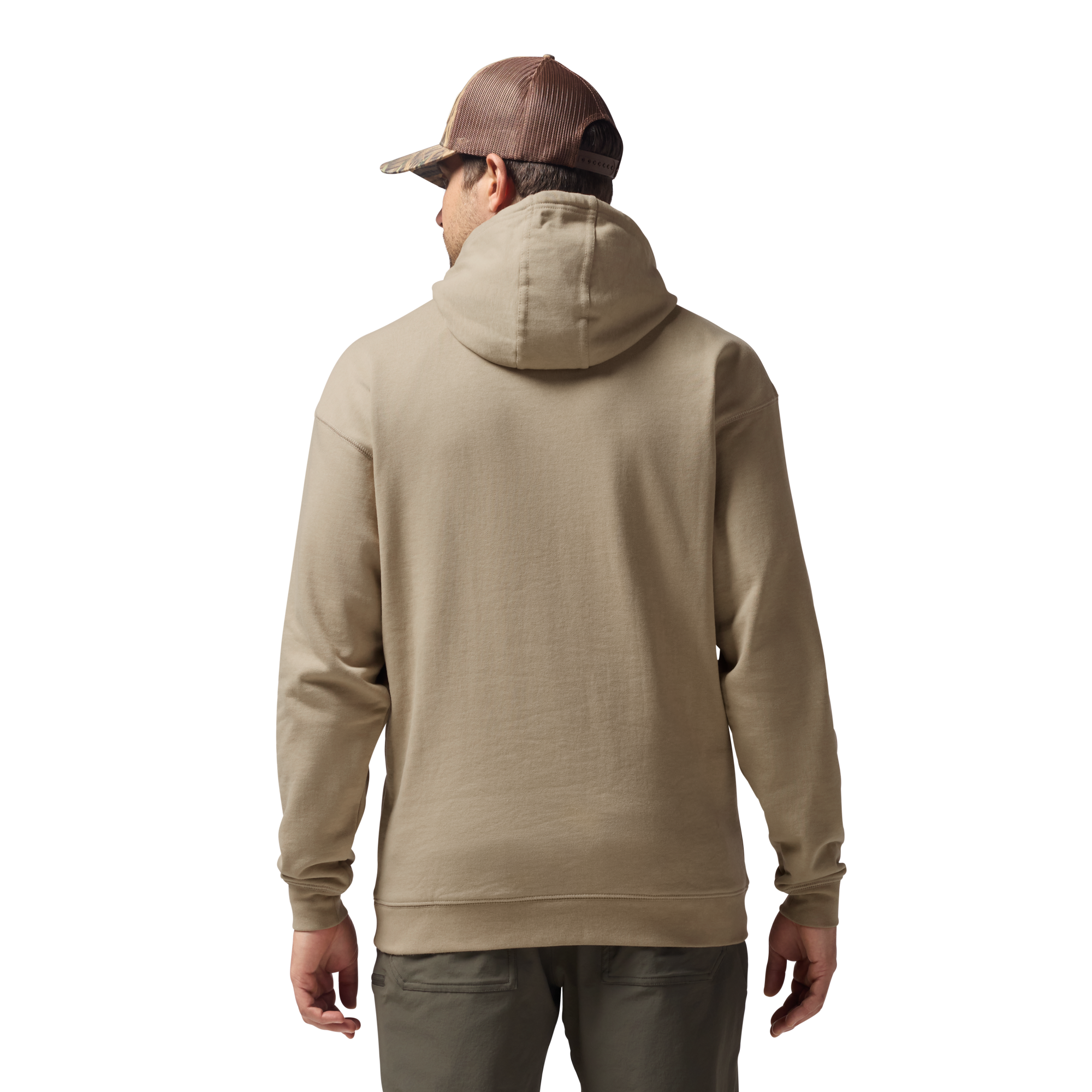 Leisure Hoodie in Heather Dark Khaki, on model #heather_dark_khaki