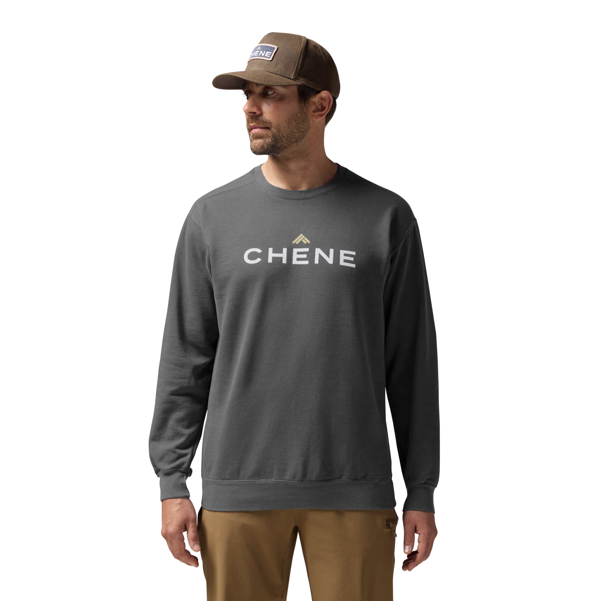 Comfort Colors Sweatshirt in Pepper, on model #pepper