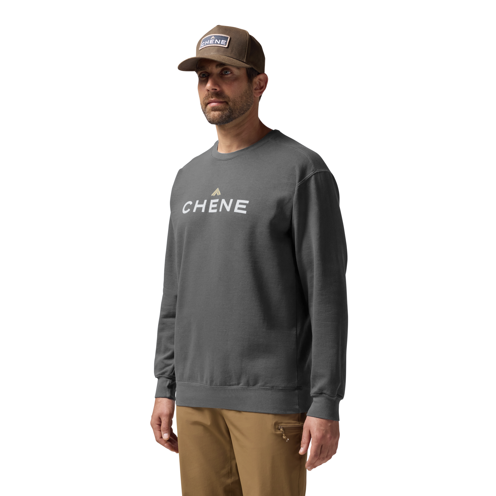 Comfort Colors Sweatshirt in Pepper, on model #pepper