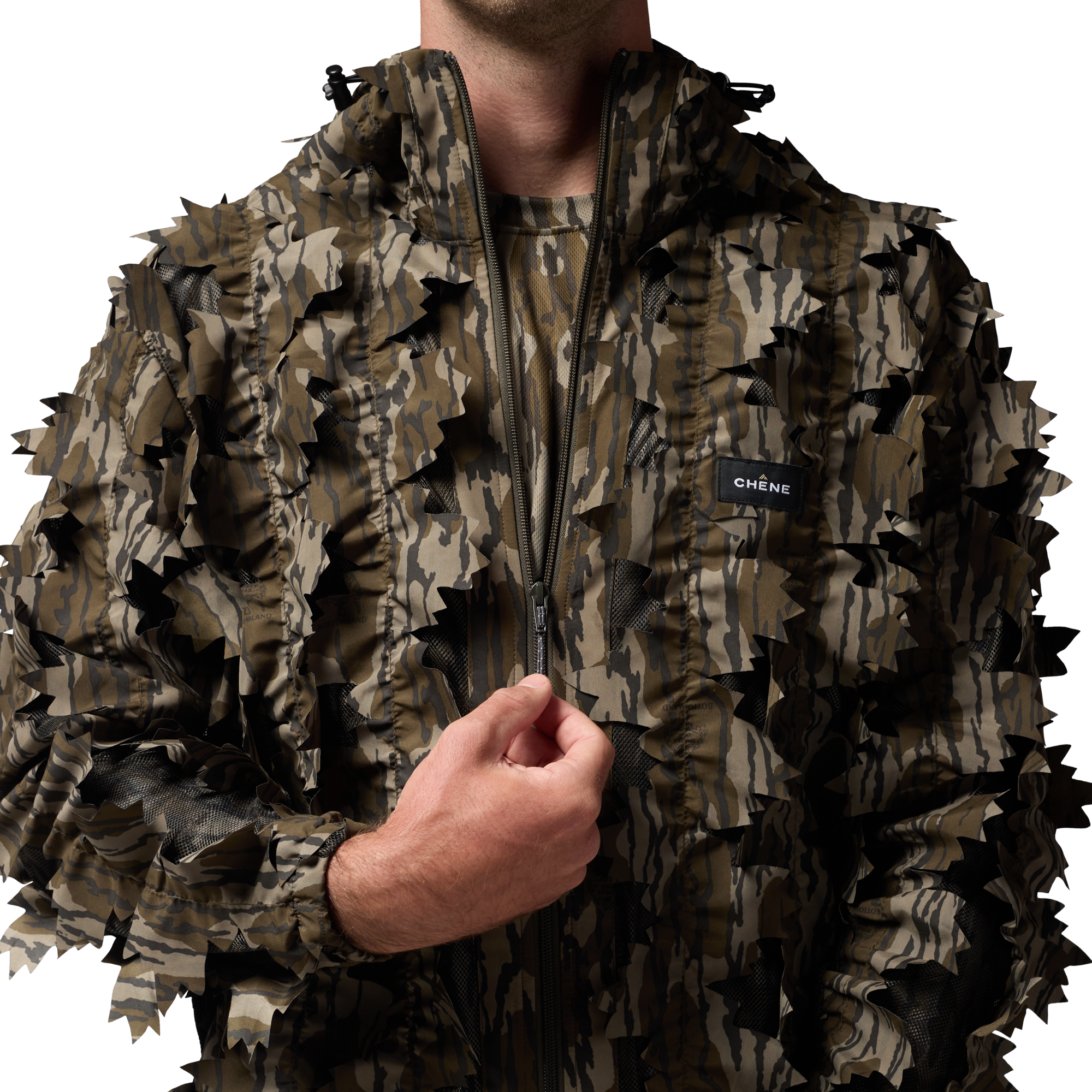 Deception Leafy Jacket in Mossy Oak Original Bottomland, on model #mossy_oak_original_bottomland