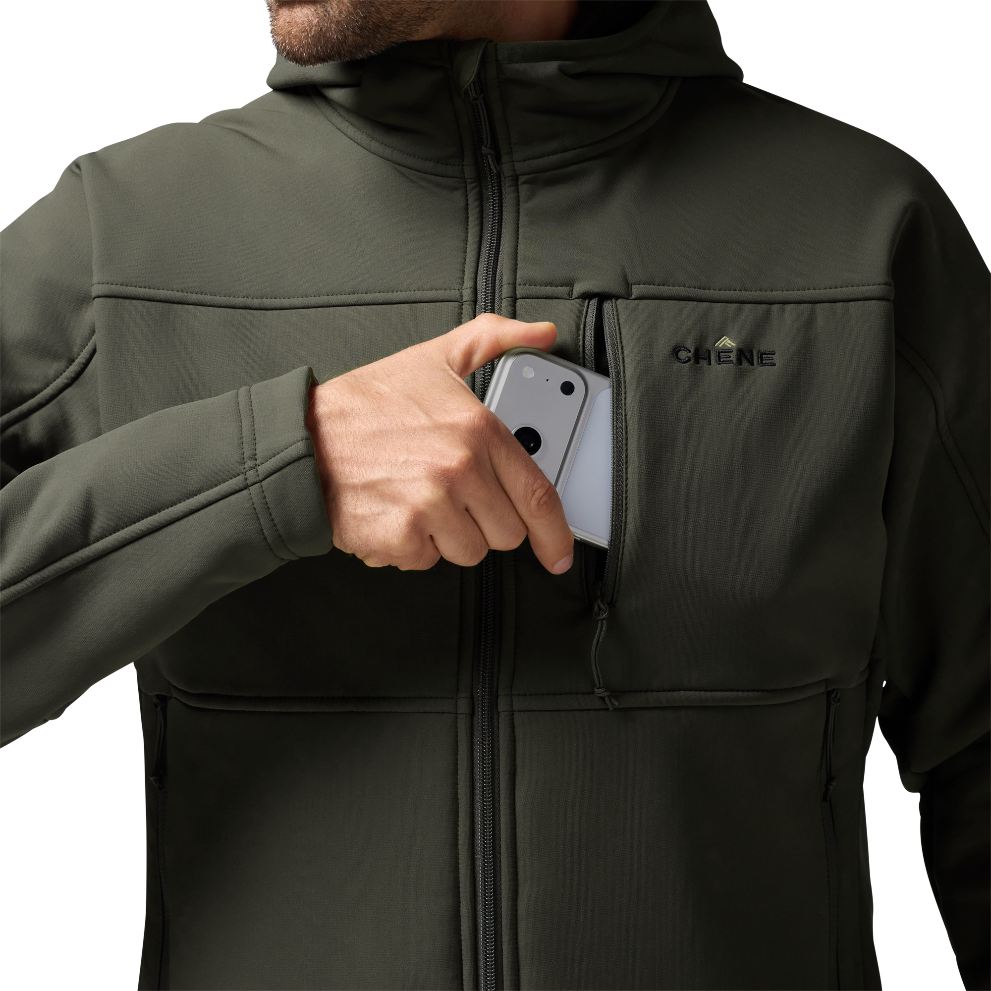 Forty Series Hooded Jacket in Cypress, on model #cypress