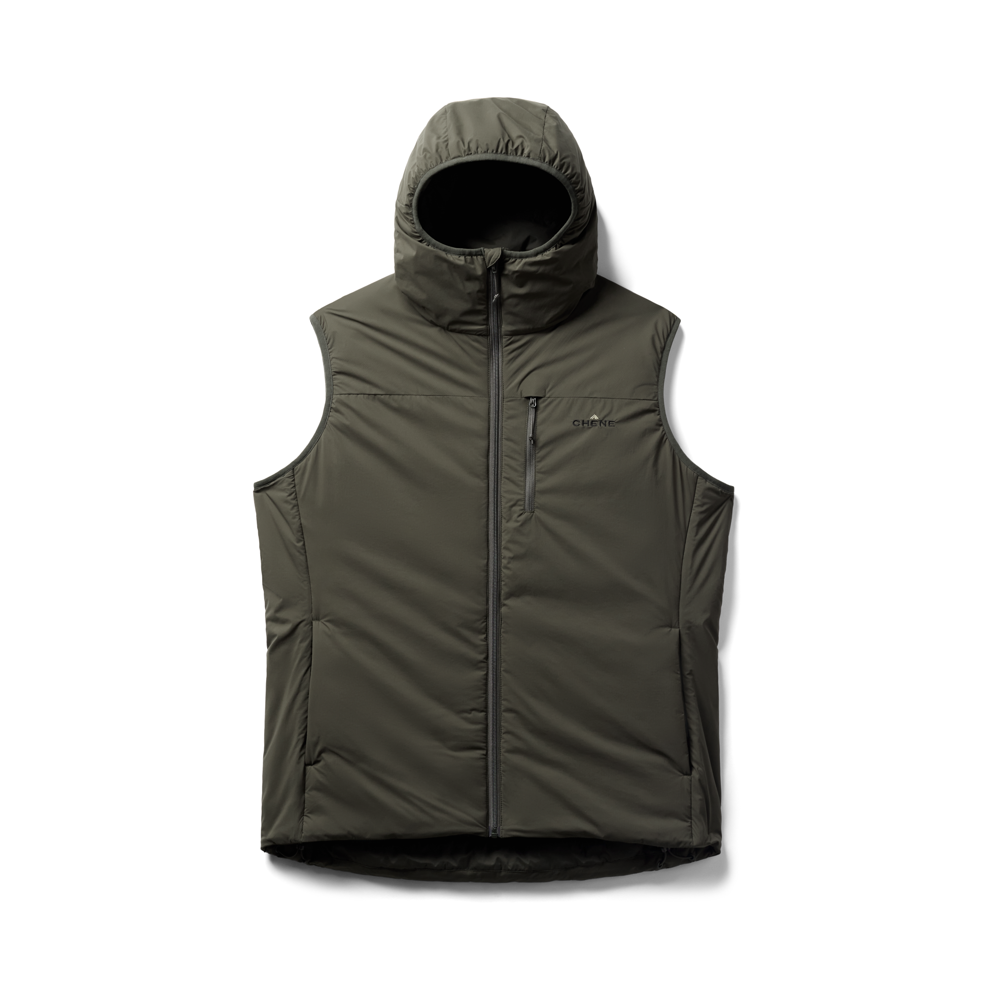 Flyweigh Hooded Vest in Cypress, flat lay #cypress