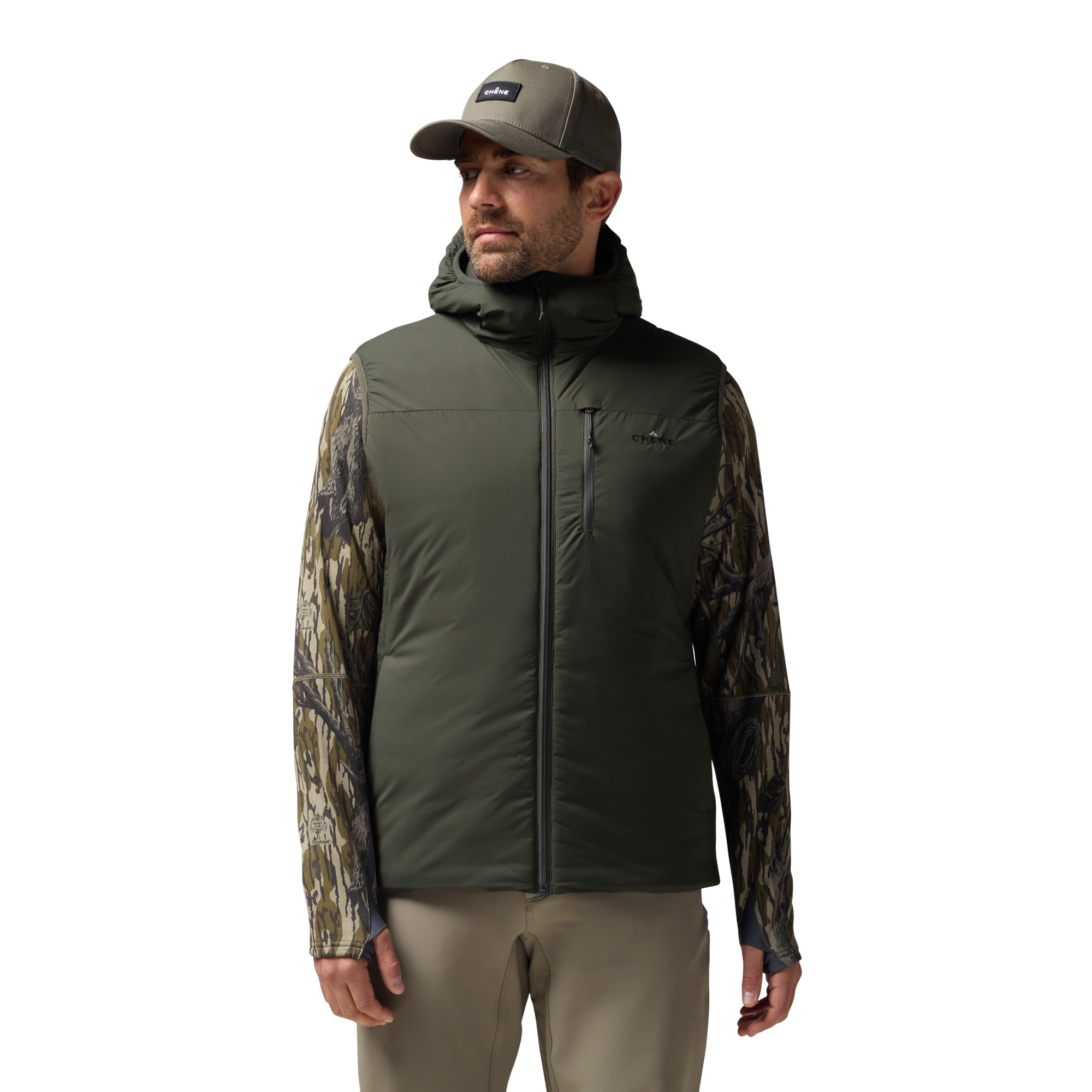 Flyweigh Hooded Vest in Cypress, on model #cypress