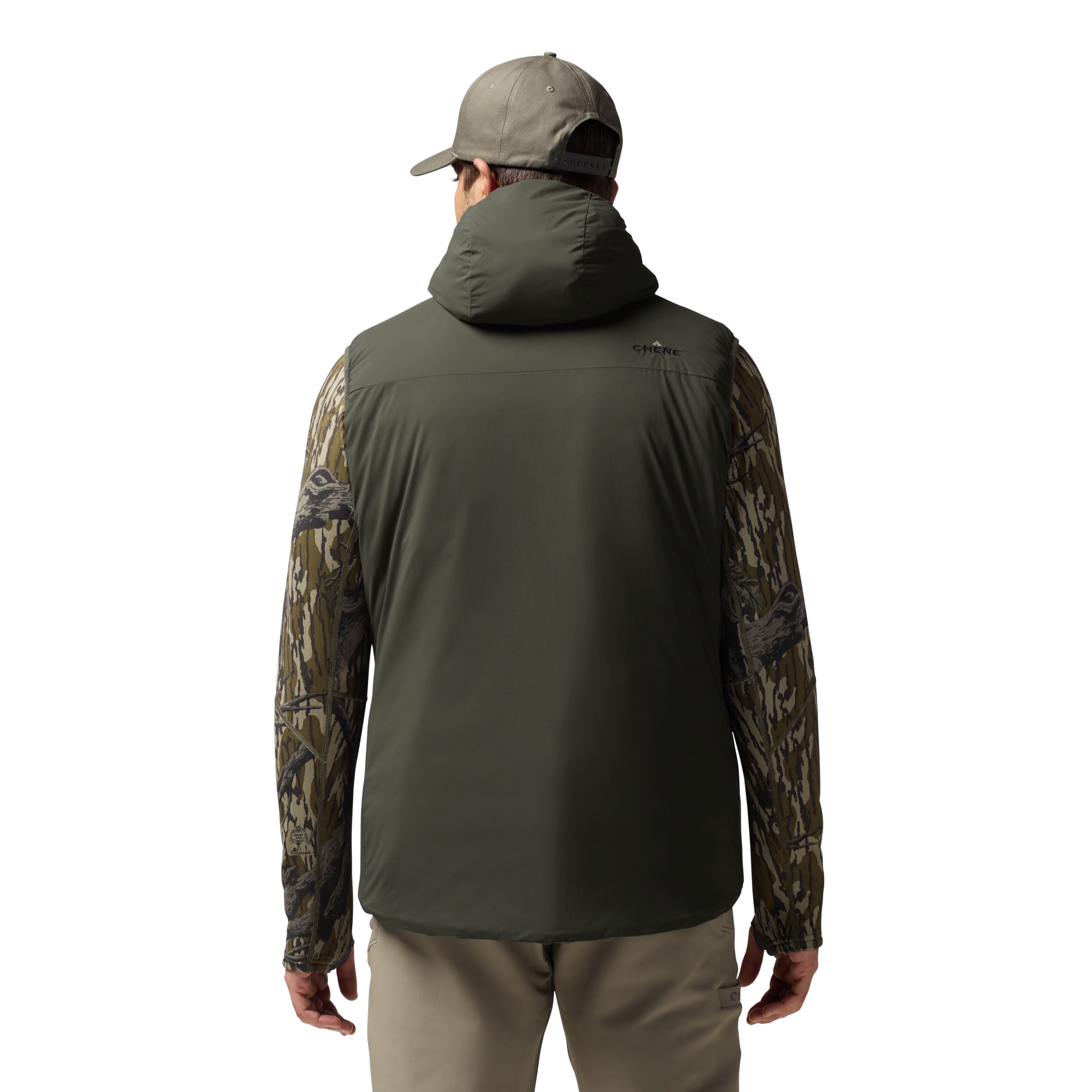 Flyweigh Hooded Vest in Cypress, on model #cypress