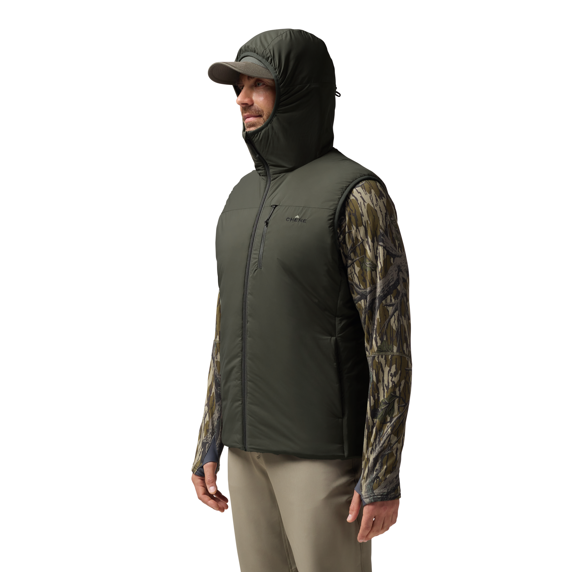 Flyweigh Hooded Vest in Cypress, on model #cypress