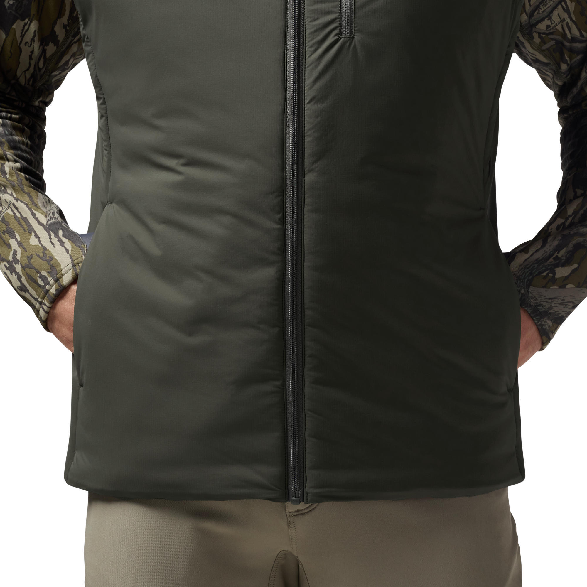 Flyweigh Hooded Vest in Cypress, on model #cypress