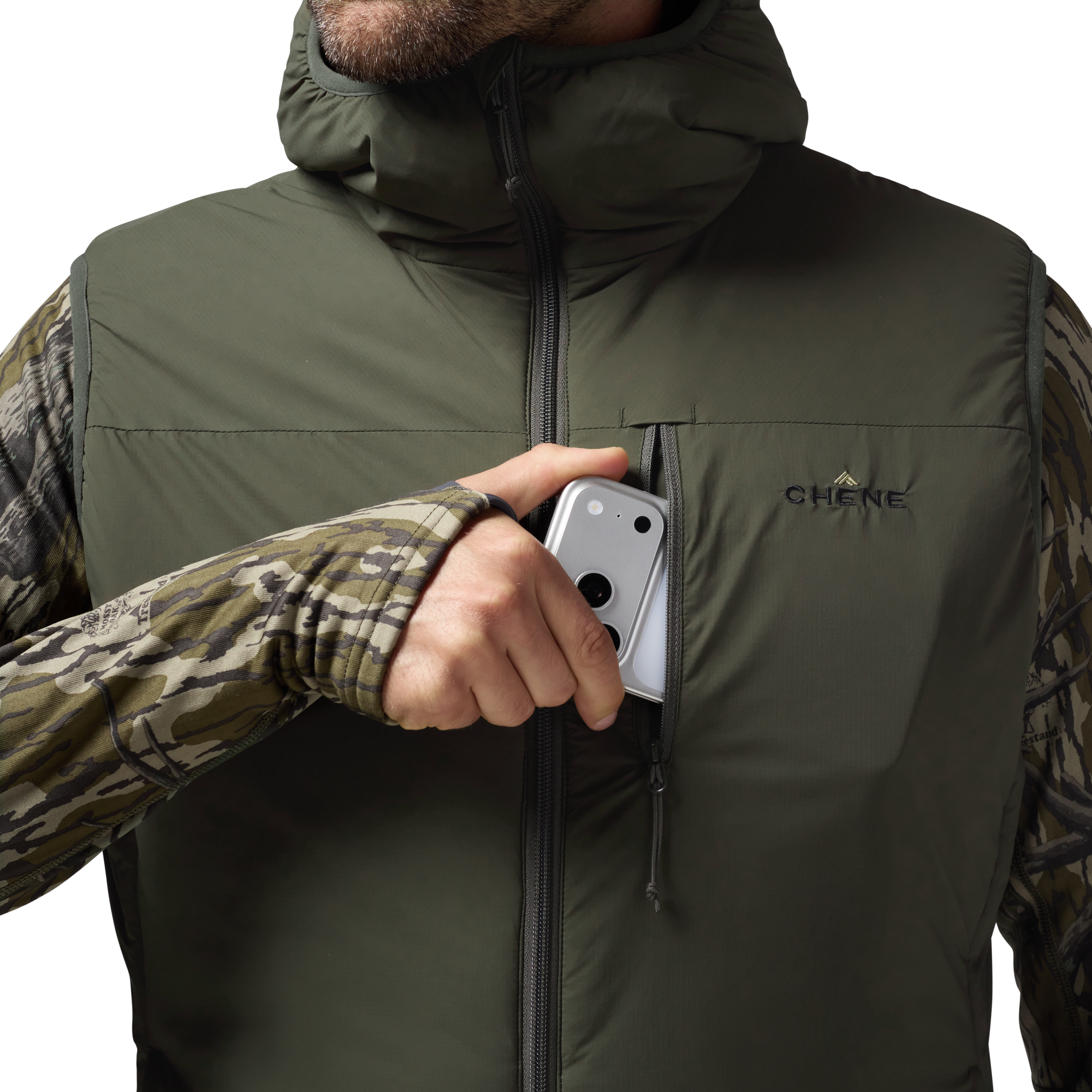 Flyweigh Hooded Vest in Cypress, on model #cypress