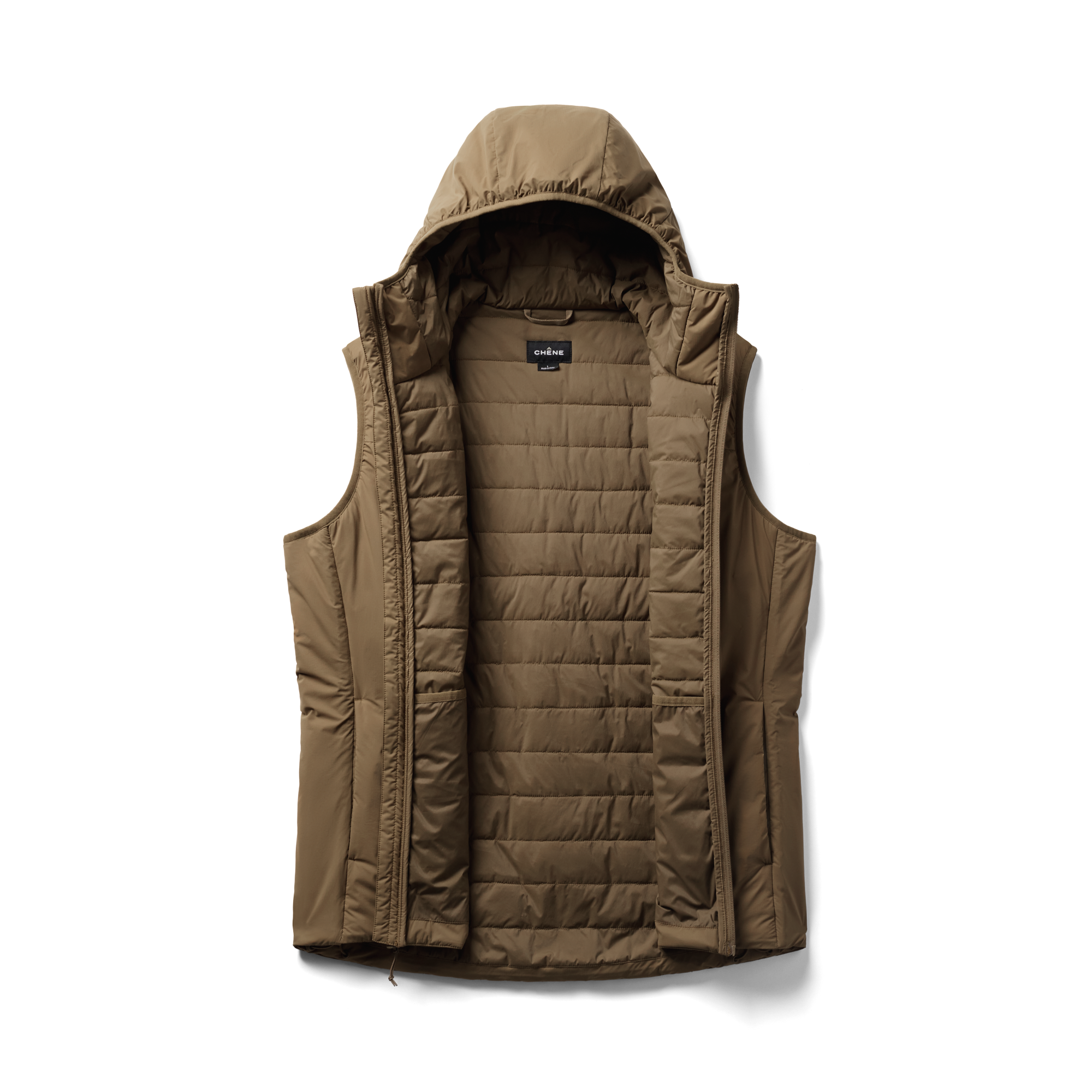 Flyweigh Hooded Vest in Field Khaki, flat lay #field_khaki