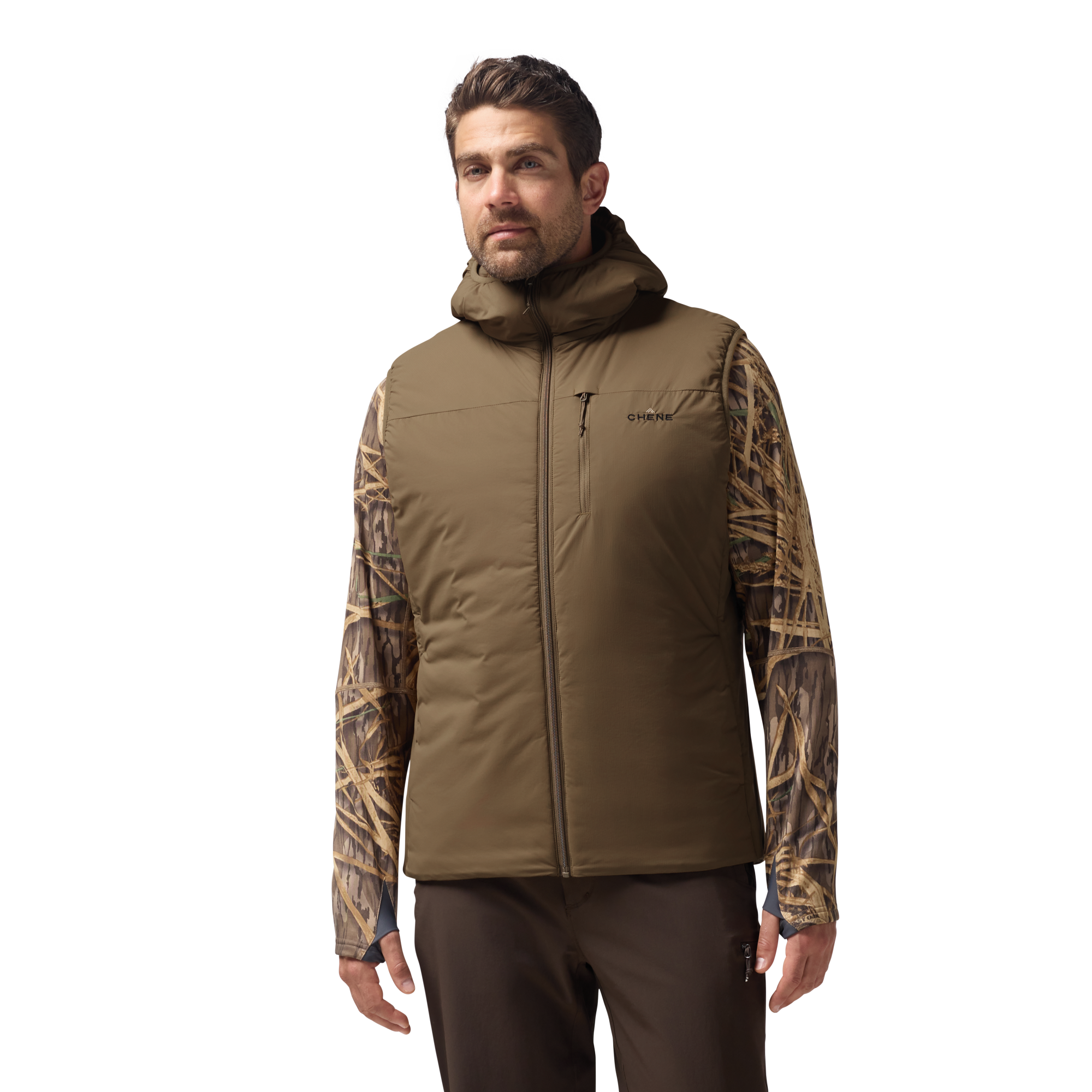 Flyweigh Hooded Vest in Field Khaki, on model #field_khaki